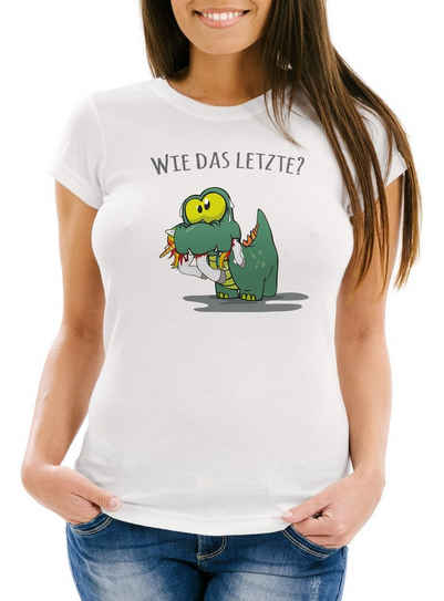 MoonWorks Print-Shirt »Damen T-Shirt Fun Motiv kleiner Dino frisst Einhorn Spruch "Wie das Letzte?" Fun-Shirt lustig Moonworks®« mit Print