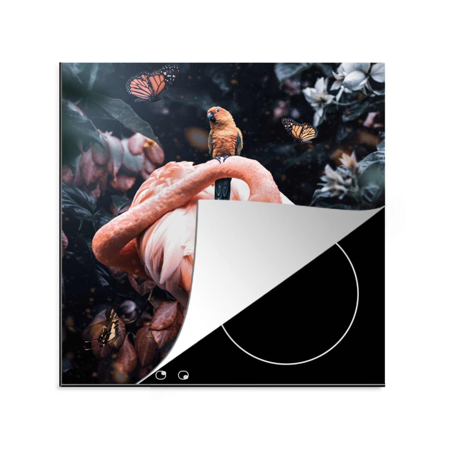 MuchoWow Herdblende-/Abdeckplatte Pflanzen - Flamingo - Dschungel, Vinyl, (1 tlg), 78x78 cm, Ceranfeldabdeckung, Arbeitsplatte für küche