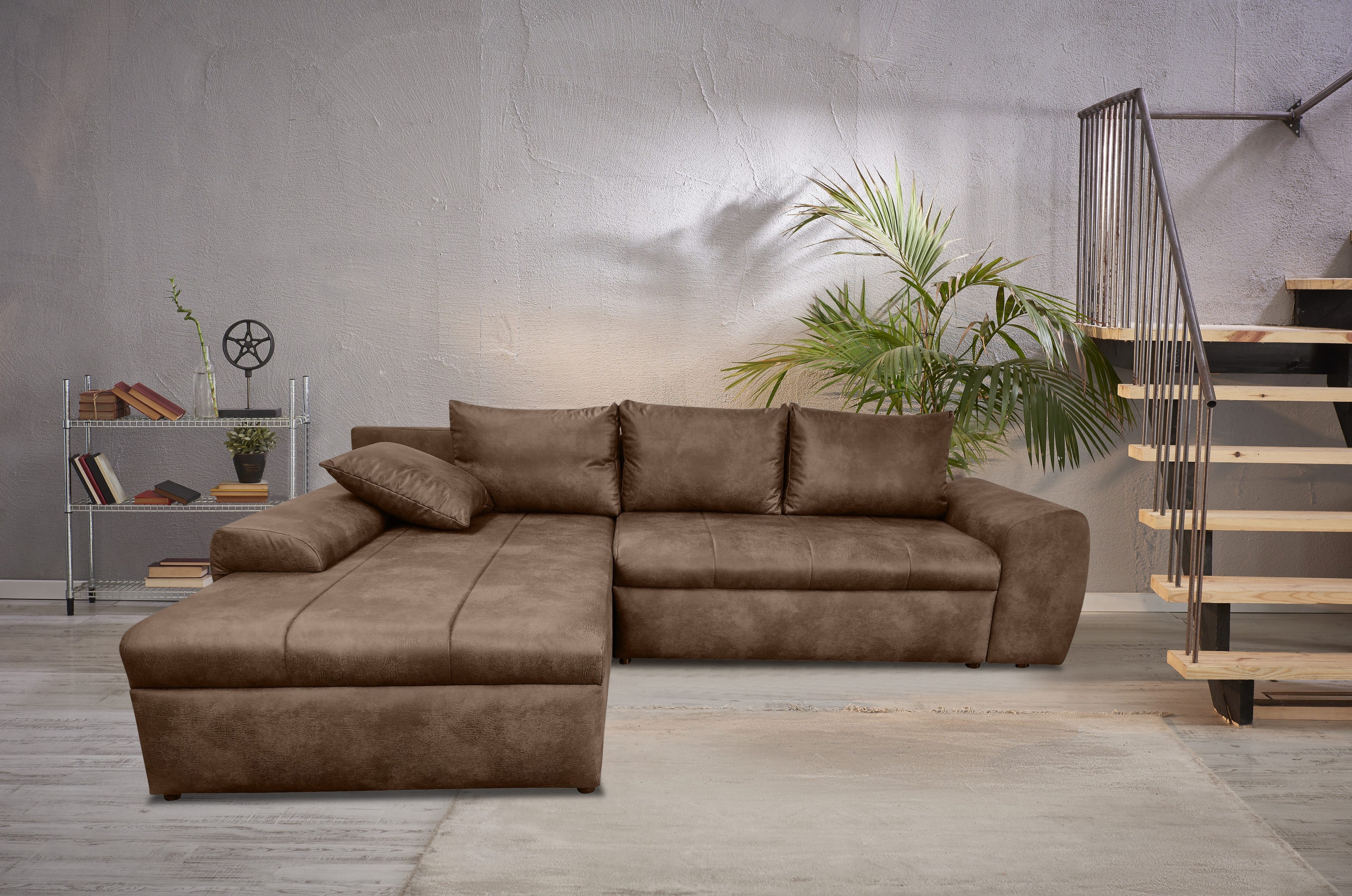 luma-home Ecksofa 18014, mit Bettfunktion B266/T186/H90 cm, Ottomane links, Federkern im Rücken, Wellenunterfederung, Bettkasten, Mikrofaser Leder-Optik Vintage Braun