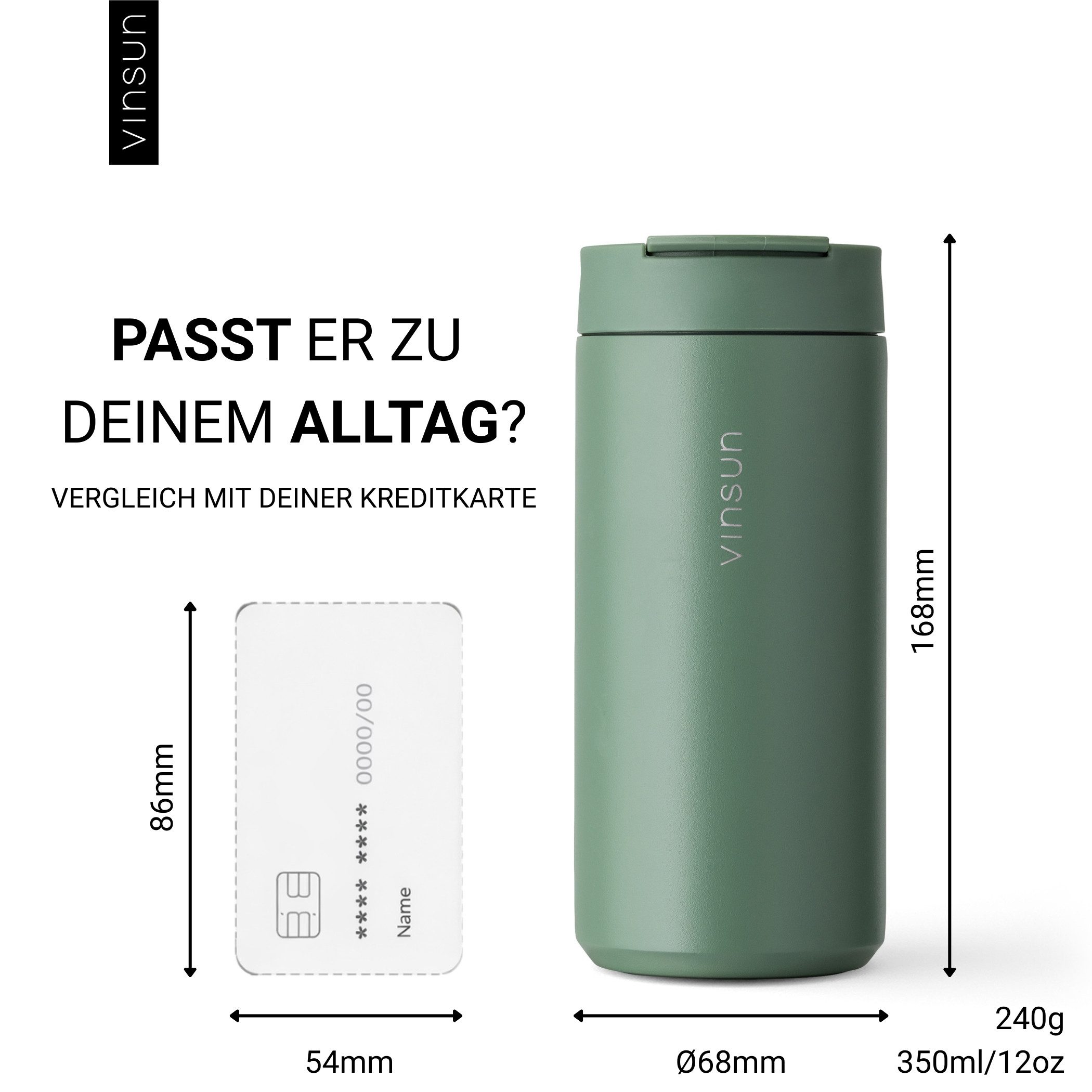 Vinsun Thermobecher Edelstahl Isolierbecher 350ml - Kaffeebecher doppelwandig isoliert, 2-tlg., Edelstahl, BPA frei, auslaufsicher, bruchfest, Kalt- und Heißgetränke
