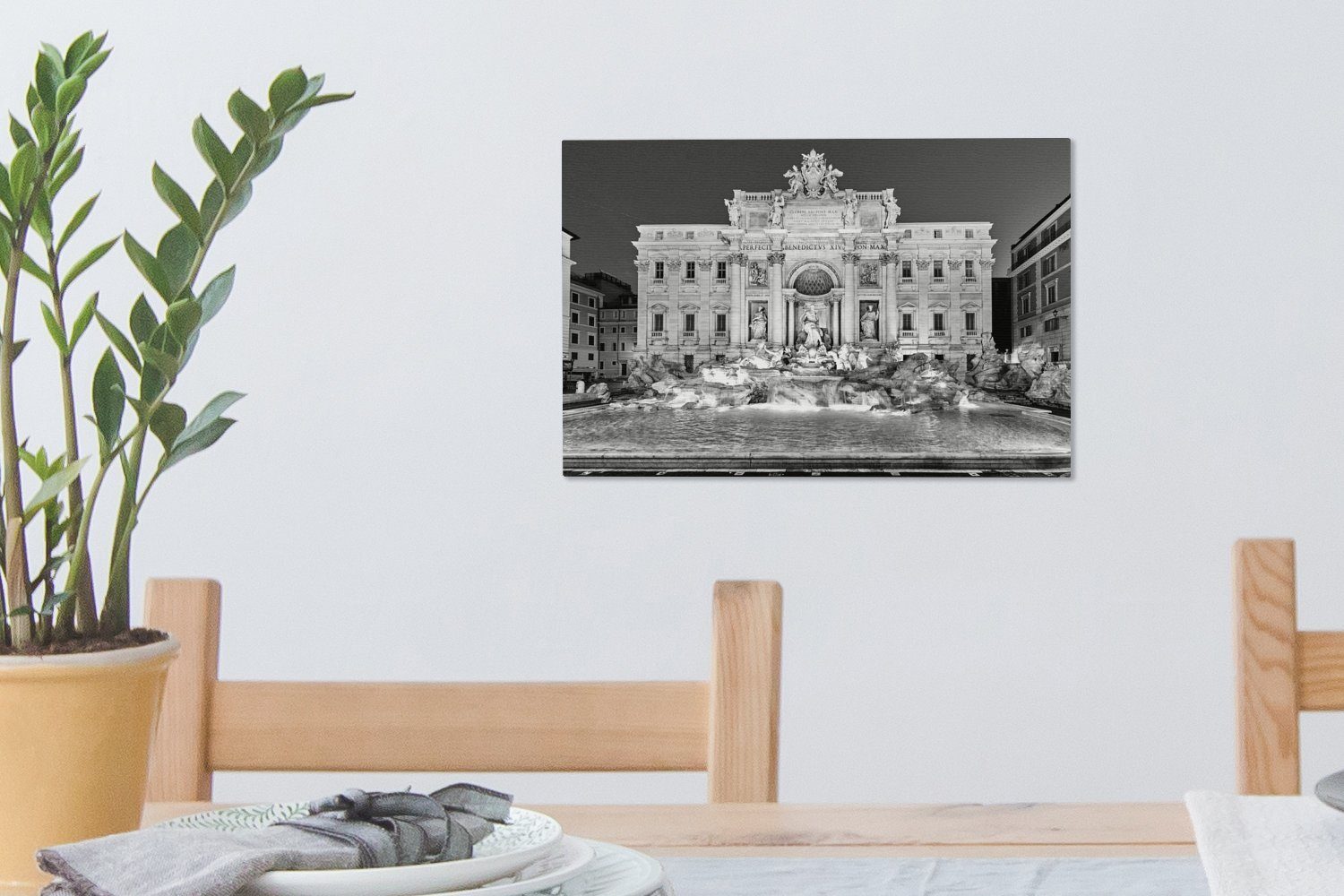 OneMillionCanvasses® Leinwandbild Wunderschön Wandbild Rom schwarz 30x20 cm Aufhängefertig, Leinwandbilder, - weiß, St), und beleuchteter Trevi-Brunnen Wanddeko, (1