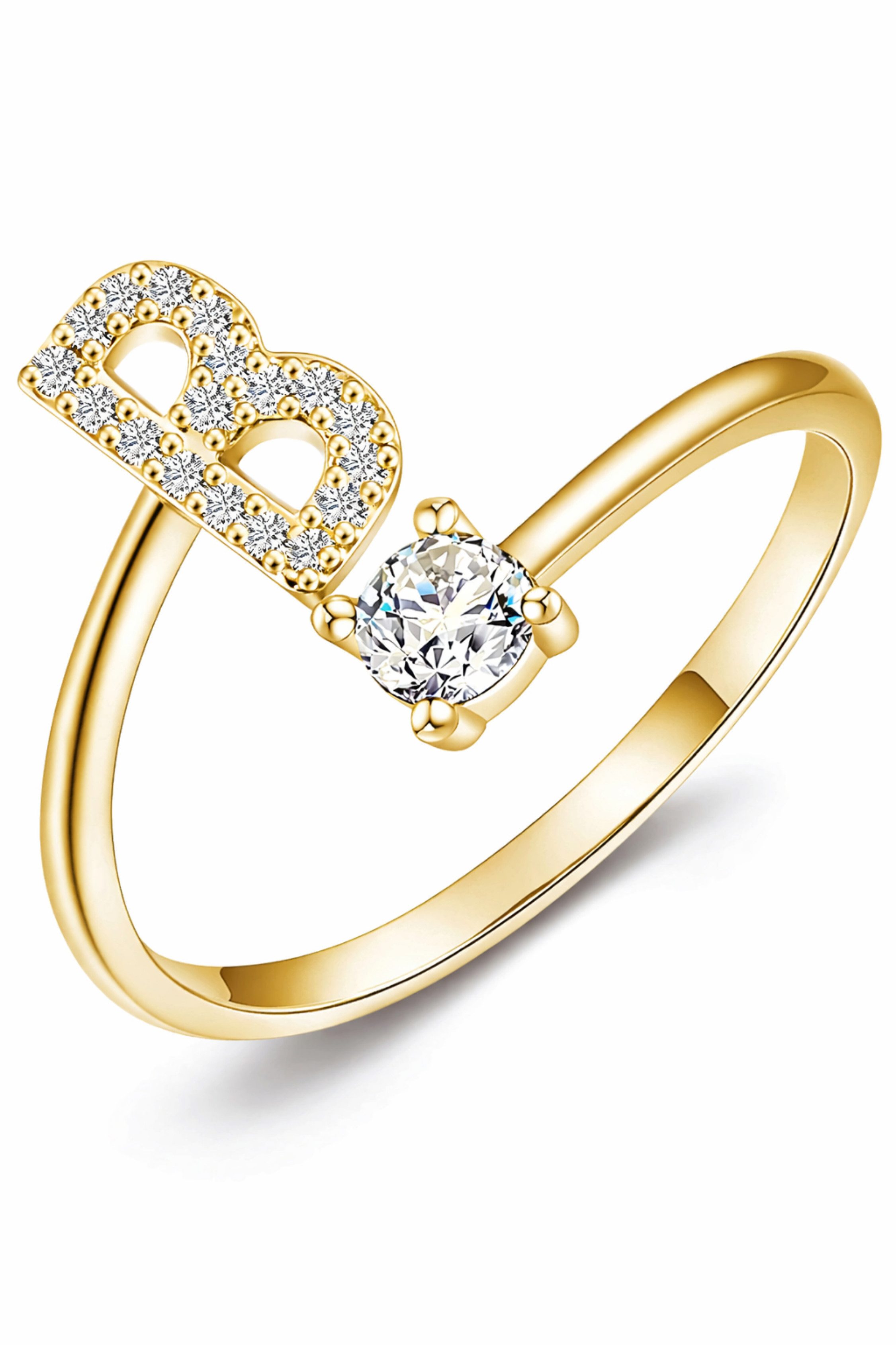 S&T Design Fingerring Buchstaben Ring Damen 14K Gold Vergoldet Silber Verstellbar Wasserfest (Goldring Geschenke für Frauen Freundin Mädchen Schmuck, 1-tlg., Buchstabenring), Damenring langlebigem Edelstahl Verstellbare Größe 50 - 60 Modeschmuck