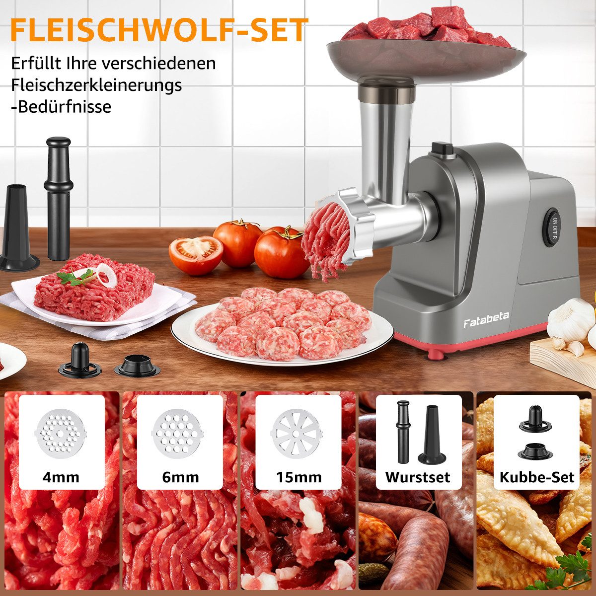 KNKA PRO Fleischwolf 2IN1 Fleischwolf Wurstfüller Gemüseschneider, 3000 W Spitzenleistung, Edelstahl Multifunktionsreibe, Mit 17 Aufsätze
