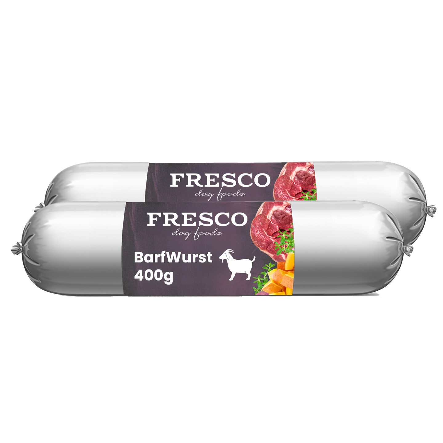 Fresco Dog Hundewurst schnittfest Weideziege mit Steckrübe & Kürbis I 2 x 400g, Nassfutter für: Hunde, Getreidefrei, Mono-Protein & 80% Frischfleisch