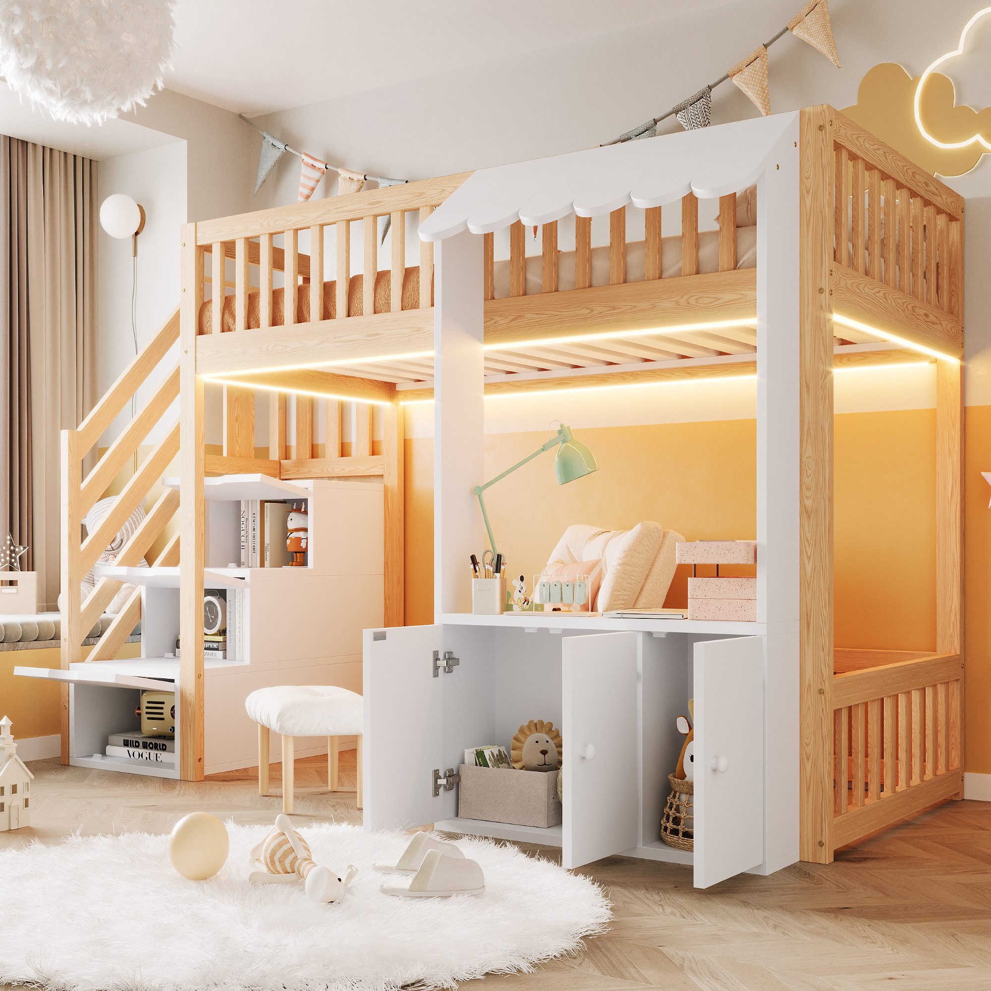 Flieks Hochbett Kinderbett Laden-Design 90×200cm mit Schrank und Stauraumtreppe