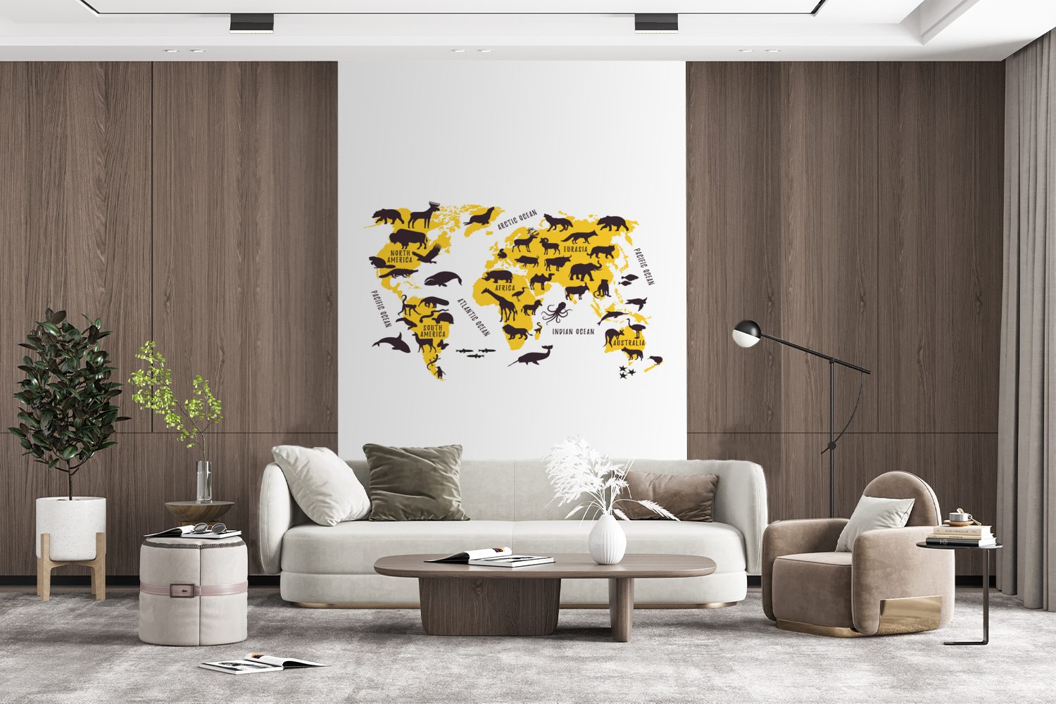 Tapete Wohnzimmer, (3 St), Fototapete Montagefertig Karte MuchoWow Welt Tiere, - Wandtapete - für Vinyl Matt, bedruckt,