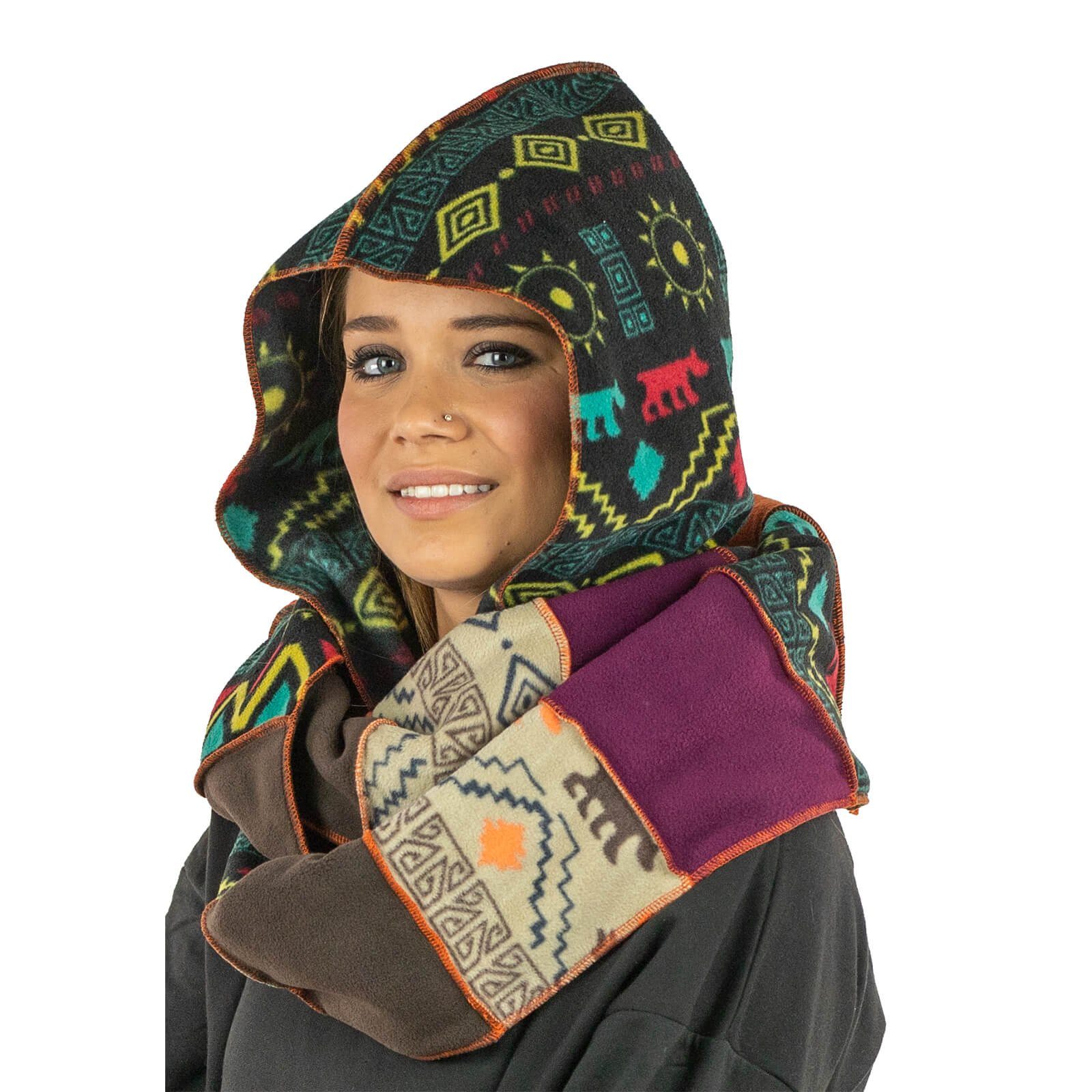 KUNST UND MAGIE Schlupfmütze Schalmütze Schal Poncho Kapuzenschal Fleece Damen Loop Kapuze Loop Mehrfarbig