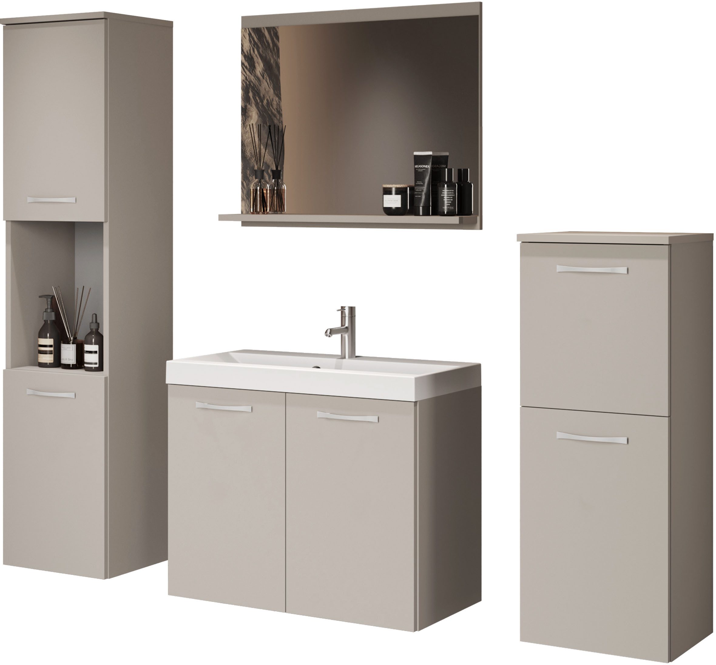 welltime Badmöbel-Set PARLA, (Komplett-Set, 5-St), Waschtisch inkl. Waschbecken, Spiegel, Hochschrank und Hängeschrank