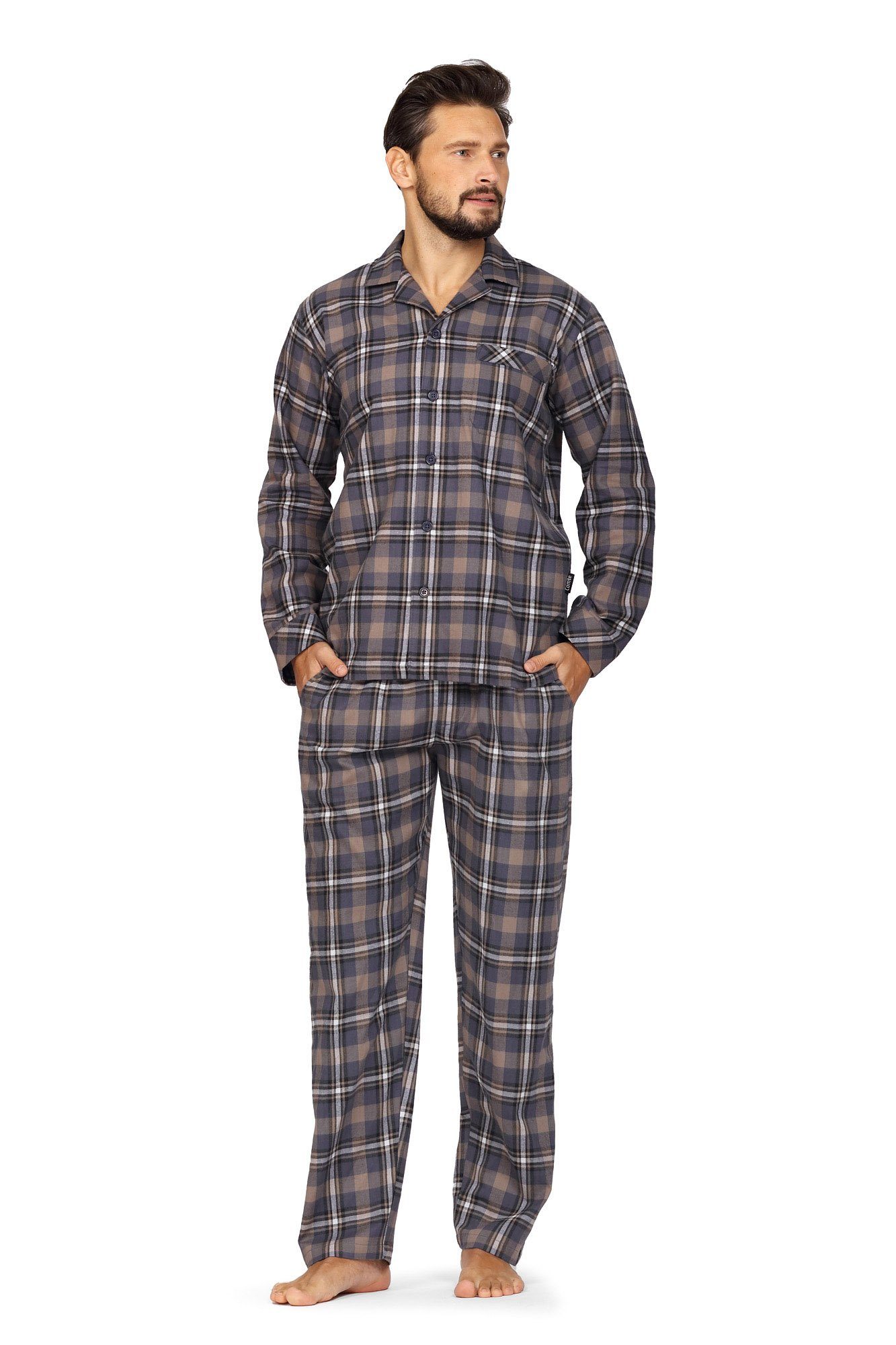 lang Schlafanzug 2 tlg., Pyjama Flanell-Webware Herren (Set, Baumwolle Comte Schlafanzug Set) Knopfleiste