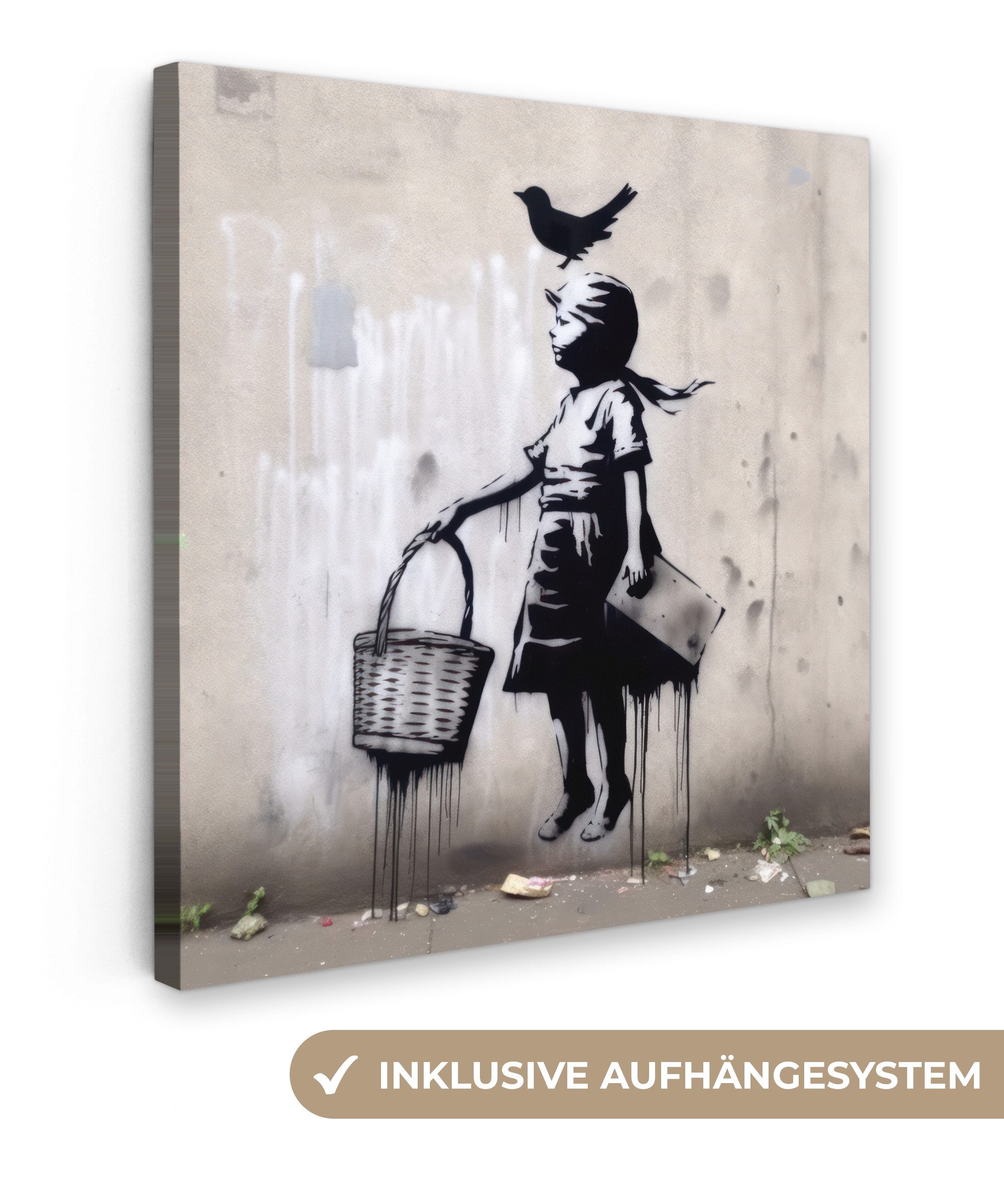 Leinwandbild Graffiti - Mädchen - Vogel - Straßenkunst - Banksy-Stil