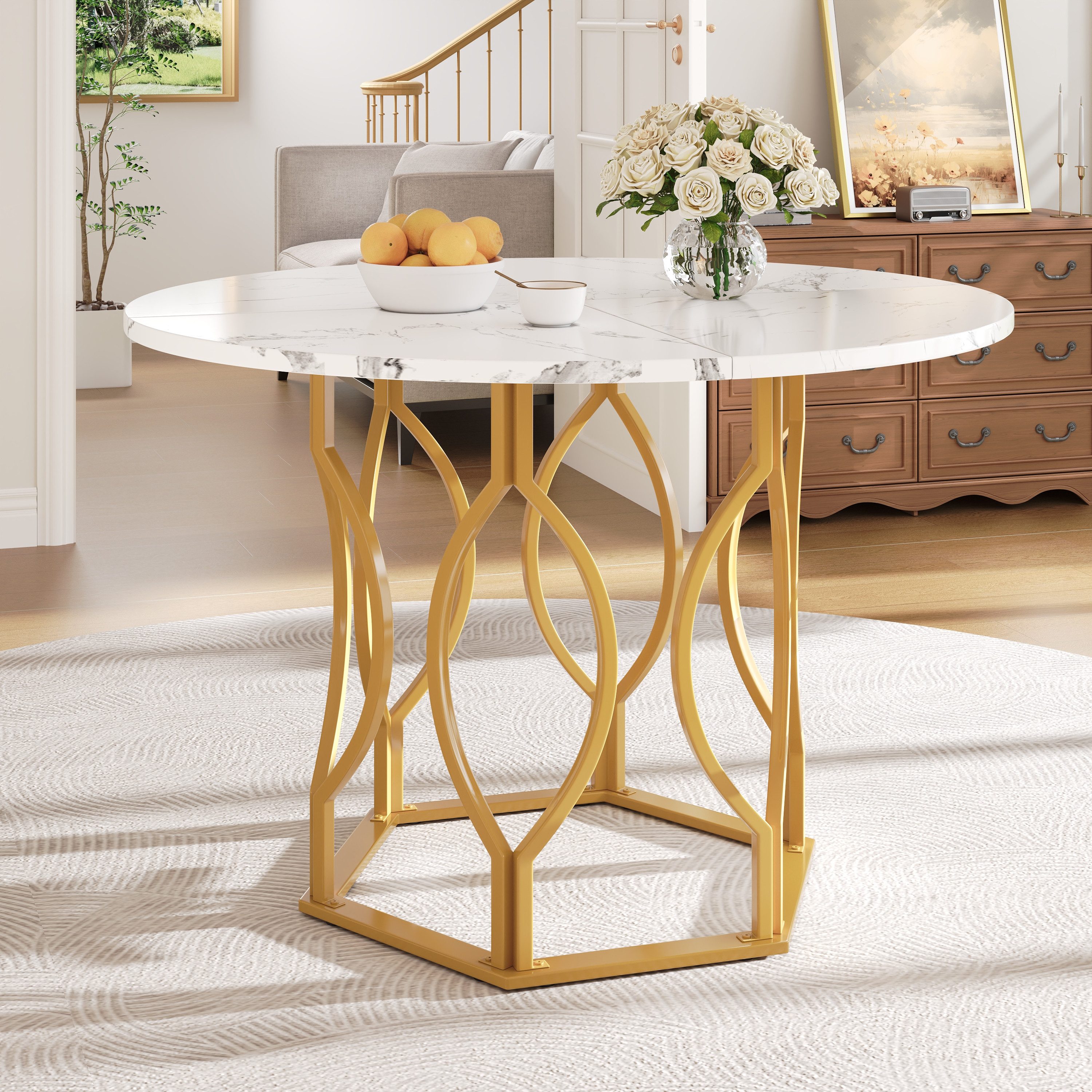 Fine Life Pro Esstisch Esstisch rund 1er Set MDF Marmor Metall gold, 100x100x76cm Esszimmer Wohnzimmer