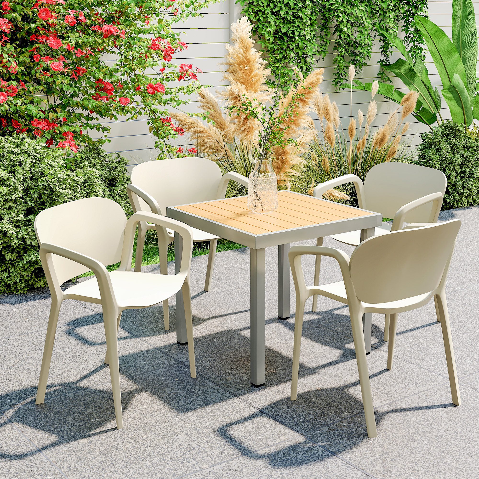 Outsunny Gartenstuhl 4er Set, aus Kunststoff, mit Armlehne, Rückenlehne, stapelbar (wetterfest Gartenstühle, 4 St), bis 120 kg belastbar Gartenmöbel für Hinterhof, Garten, Balkon Weiß