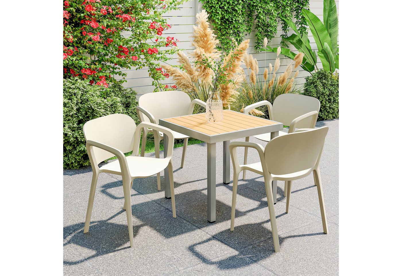 Outsunny Gartenstuhl 4er Set aus Kunststoff Stapelstuhl mit Armlehne Rückenlehne (wetterfest Gartenstühle, 4 St), bis 120 kg belastbar Gartenmöbel für Hinterhof, Garten, Balkon Weiß