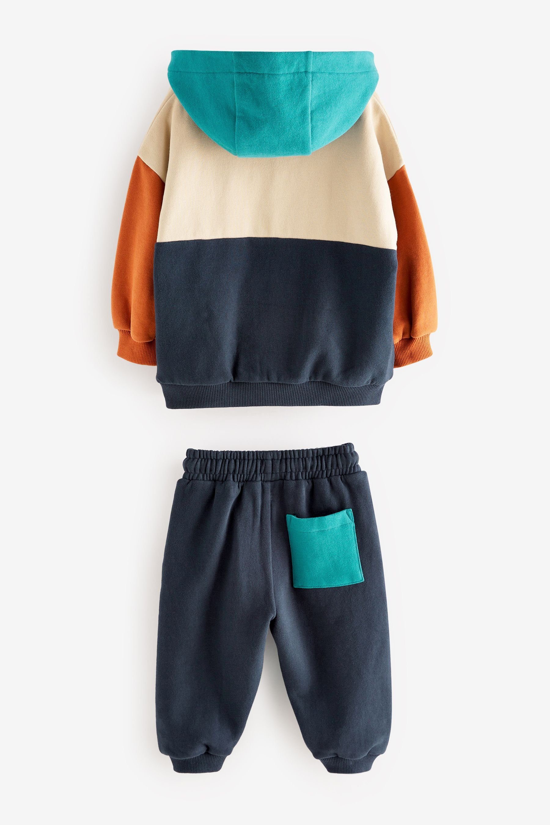 Next Sweatanzug Blockfarben-Kapuzensweatshirt und Jogginghose Blue/Tan Brown Navy (2-tlg)