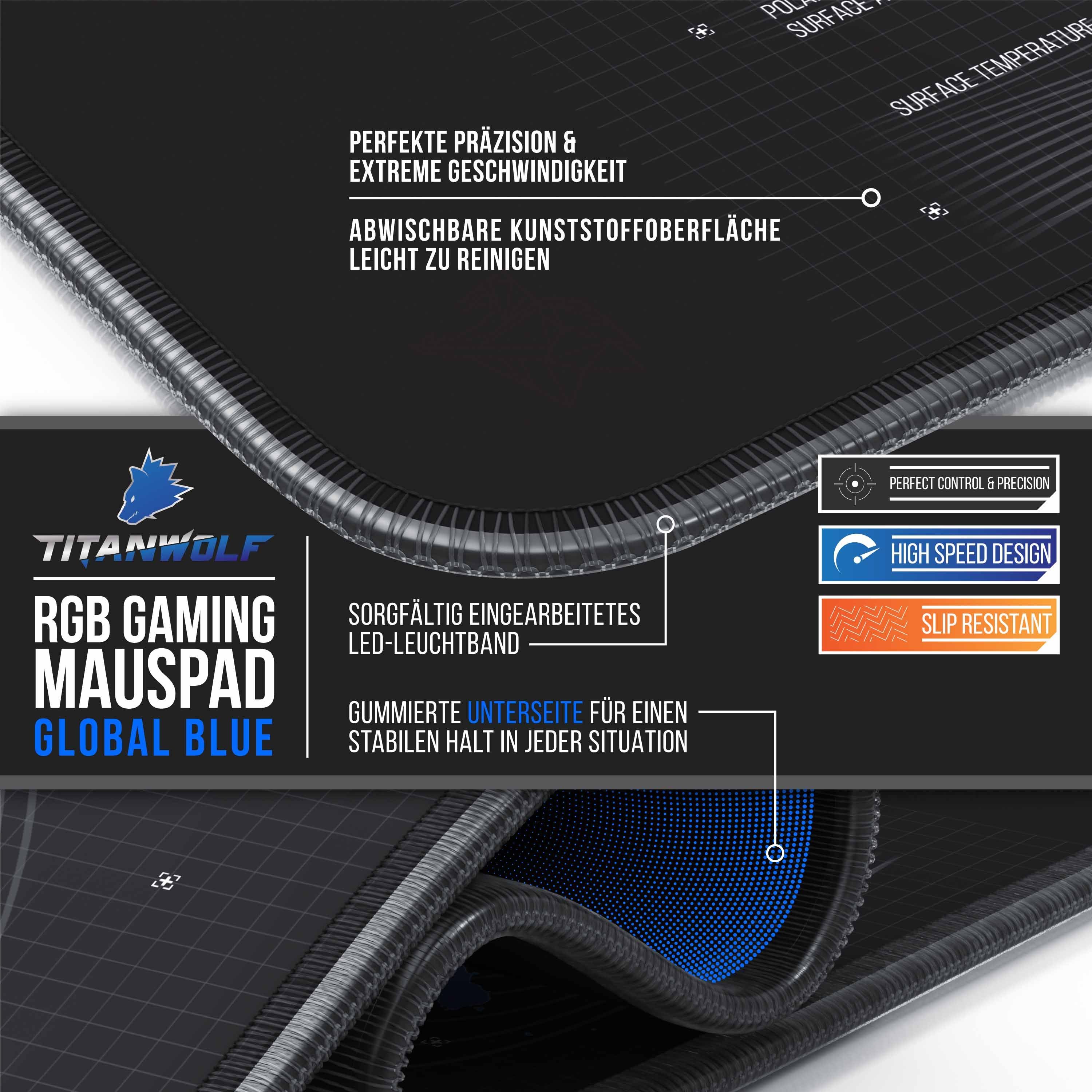 Titanwolf Gaming Mauspad RGB Mousepad 800 x 300 x 3 mm, LED Multi Color XL Tischunterlage (1-St), rutschfest, abwaschbar, Geschwindigkeit & Präzision, Weltkarte – Bild 5 von 5