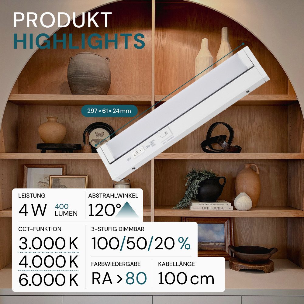 LUXULA LED Unterbauleuchte LUXULA LED Unterbauleuchte 30 cm 4 W CCT einstellbar Weiß, LED fest integriert, Farbwechsler – Bild 4 von 5