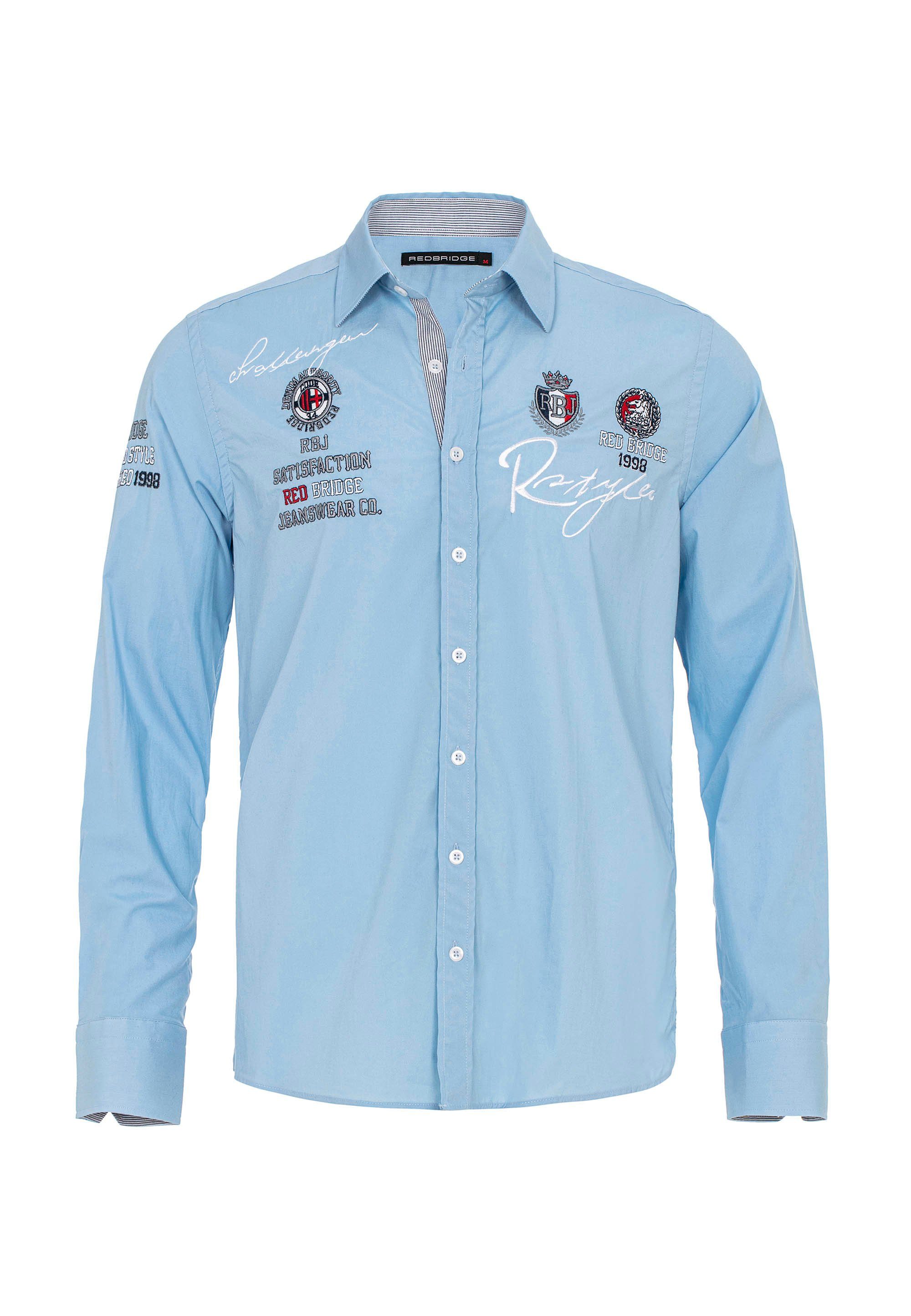RedBridge Langarmhemd Jersey im City hellblau mit Stickerei Slim Fit-Schnitt