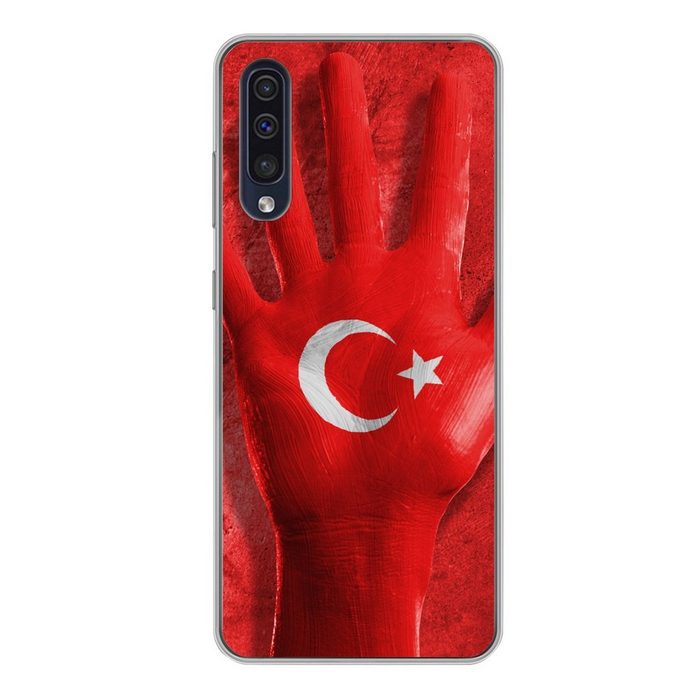 MuchoWow Handyhülle Eine Hand formt die türkische Flagge Handyhülle Samsung Galaxy A50 Smartphone-Bumper Print Handy