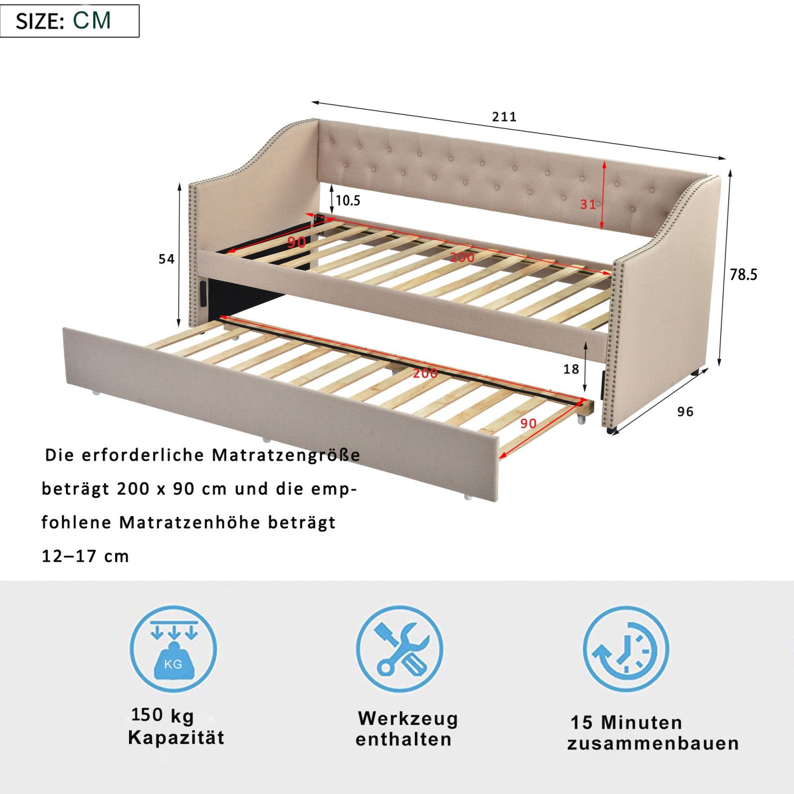 Furnishings Home Polsterbett Daybett, Tagesbett Schlafsofa (1-tlg), Mit Unterbett, 90x200 cm, Leinen, Lattenrost