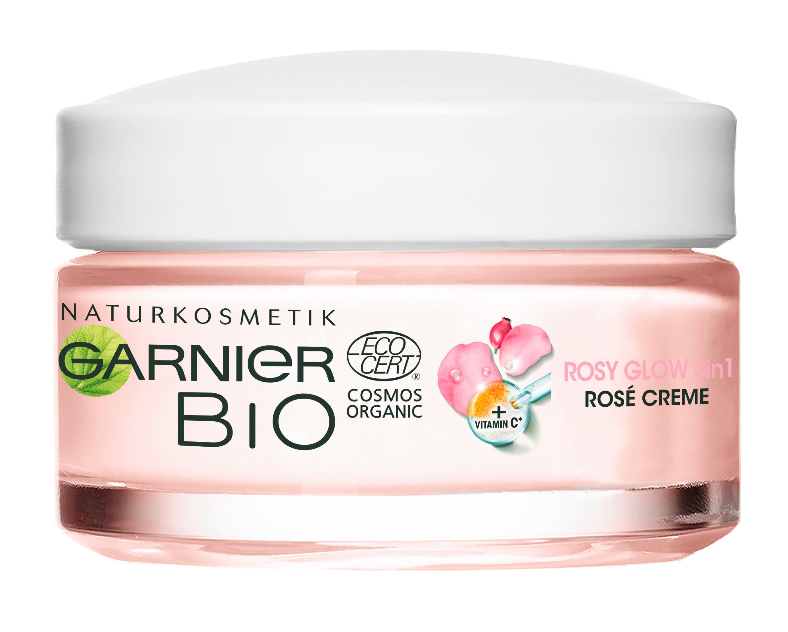 GARNIER Feuchtigkeitscreme Rosy Glow 3in1 Rosé, auch für empfindliche Haut, mit Vitamin C und Hagebutten-Öl