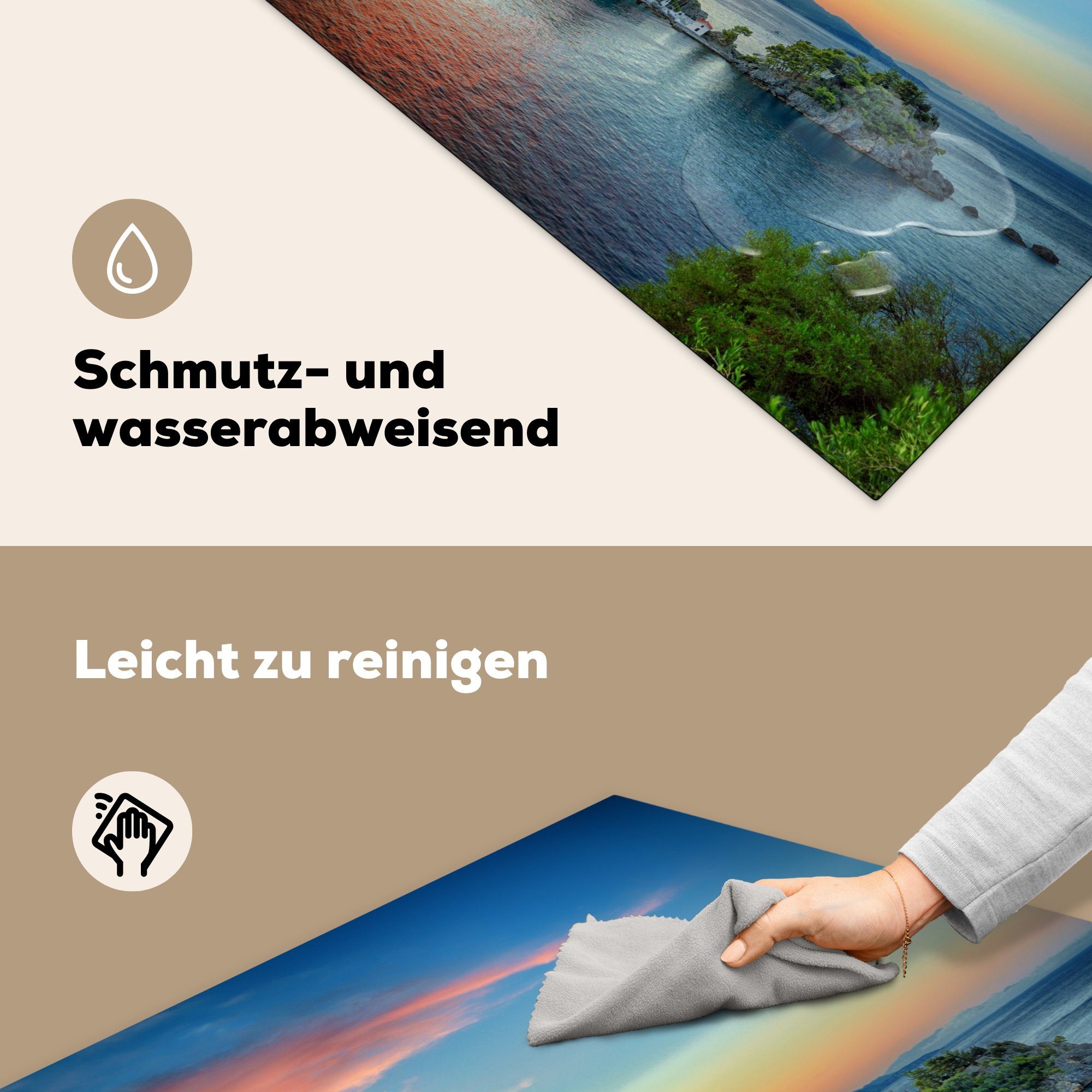 Arbeitsplatte tlg), für Sonnenaufgang Insel (1 Parga, cm, einer auf Vinyl, Ceranfeldabdeckung, küche 78x78 in MuchoWow Herdblende-/Abdeckplatte