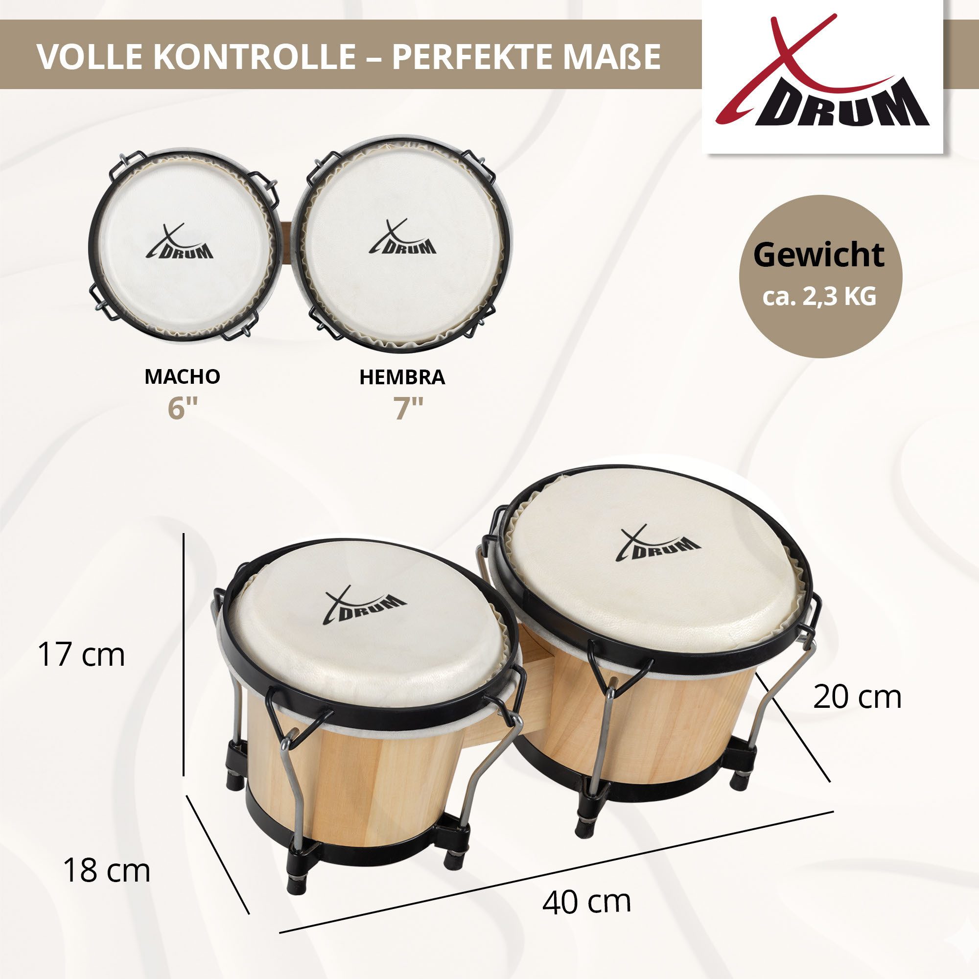 XDrum Bongo Bongos Club - 6" Macho und 7" Hembra, inkl. Stimmschlüssel, mit Naturfellen und professionellem Stimmsystem – Bild 4 von 5