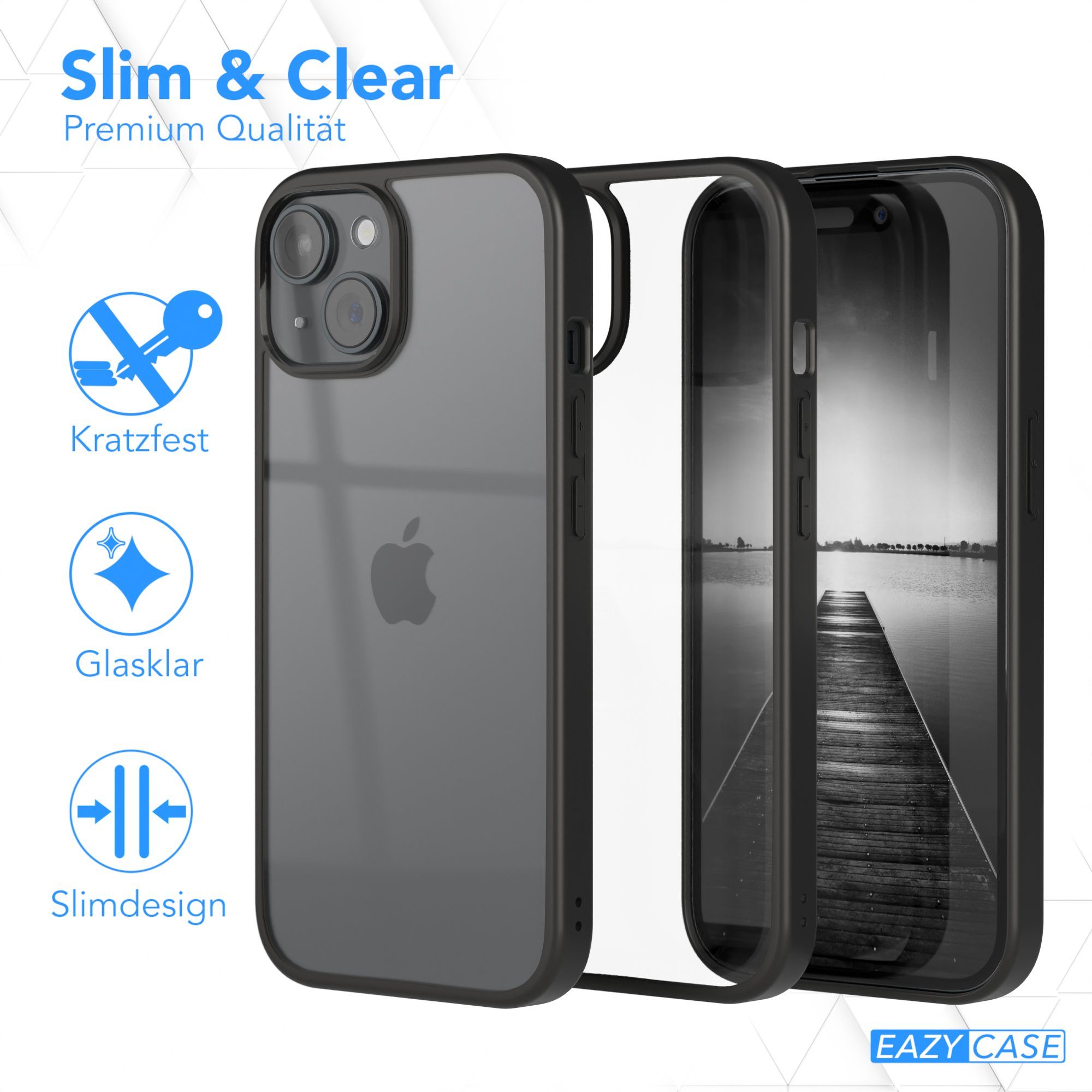EAZY CASE Handyhülle Bumper Case für Apple iPhone 15 6,1 Zoll, Hülle Durchsichtig kratzfest Back Cover mit Displayschutz Schwarz – Bild 5 von 5