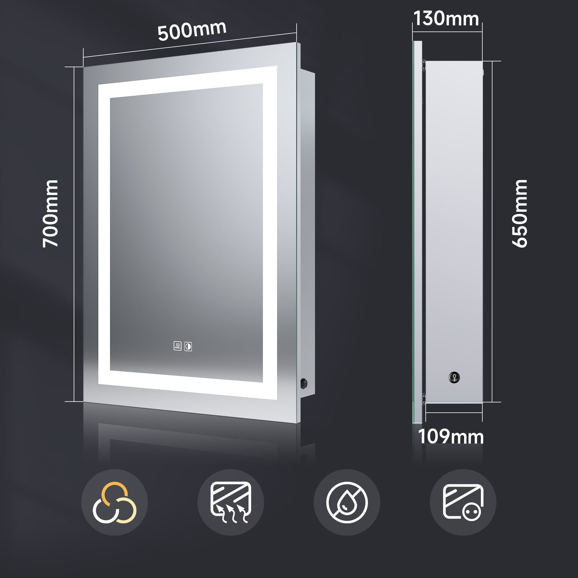 SONNI Badezimmerspiegelschrank Schiebetür Spiegelschrank bad mit beleuchtung 50 x 70 cm LED Licht Wandregal Hängeschrank Wandboard Schrank Regal Vitrine Badschrank