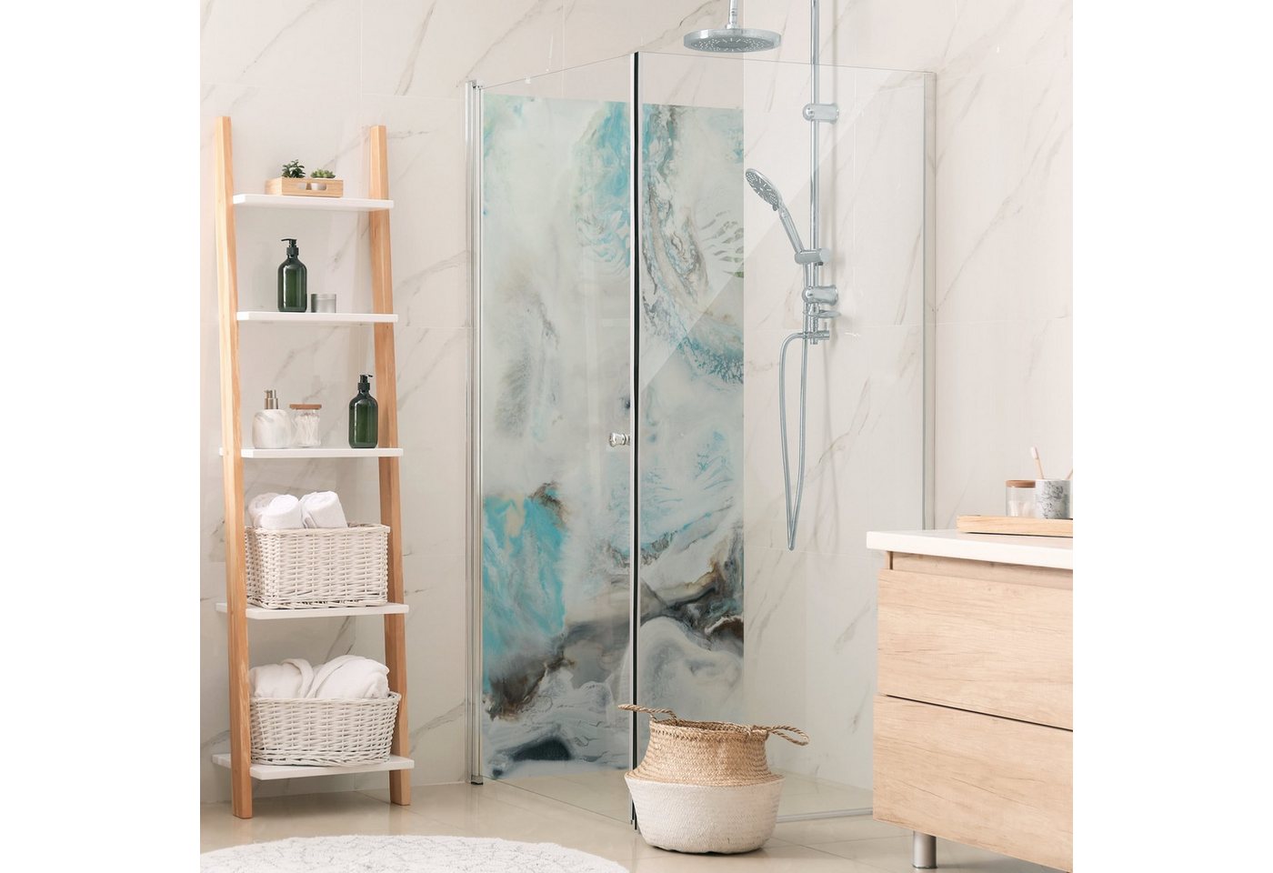 Thumbnail - Bilderdepot24 Badrückwand Abstrakt weiß Duschrückwand ohne Bohren Dusche Kunst Motiv, (Hartfolie matt » Selbstklebend PR...