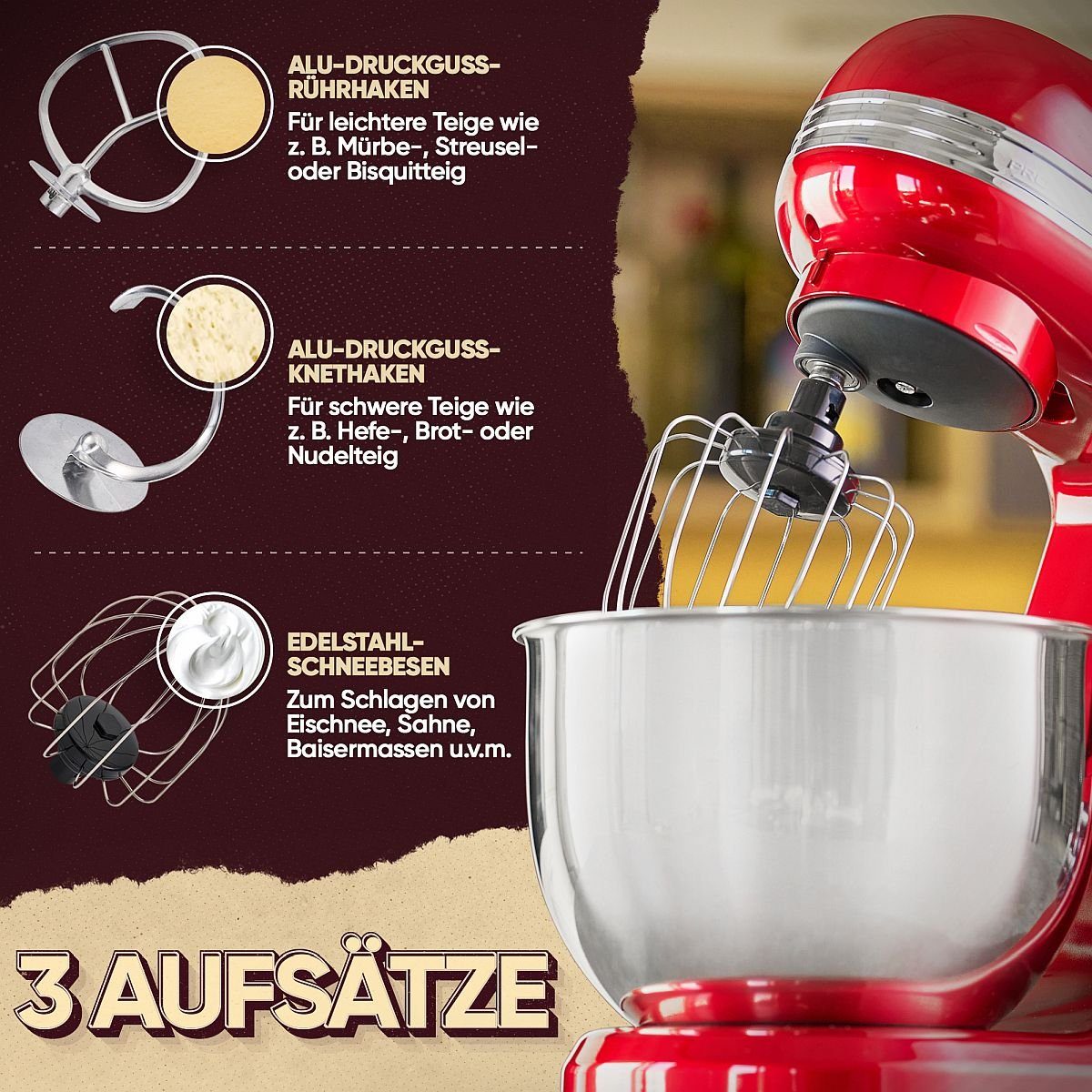 ProfiCook Küchenmaschine PC-KM 1197, Retro Knetmaschine 5L mit starkem 1200W Motor