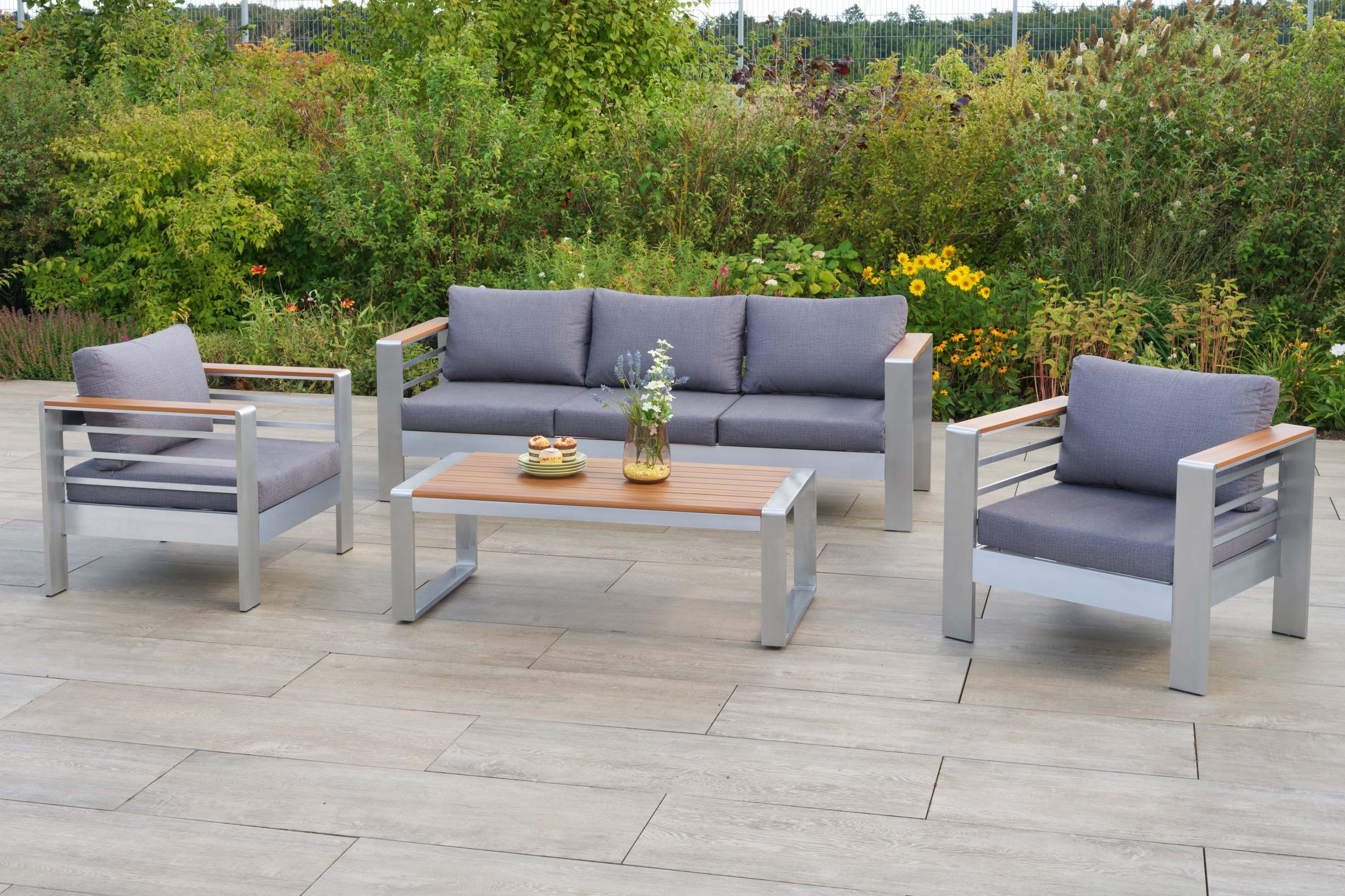 MERXX Gartenlounge-Set Nestos, (Set, 14-tlg), inkl. 2 Sessl, 1 Bank, 10 Aulagen, 1 Tisch