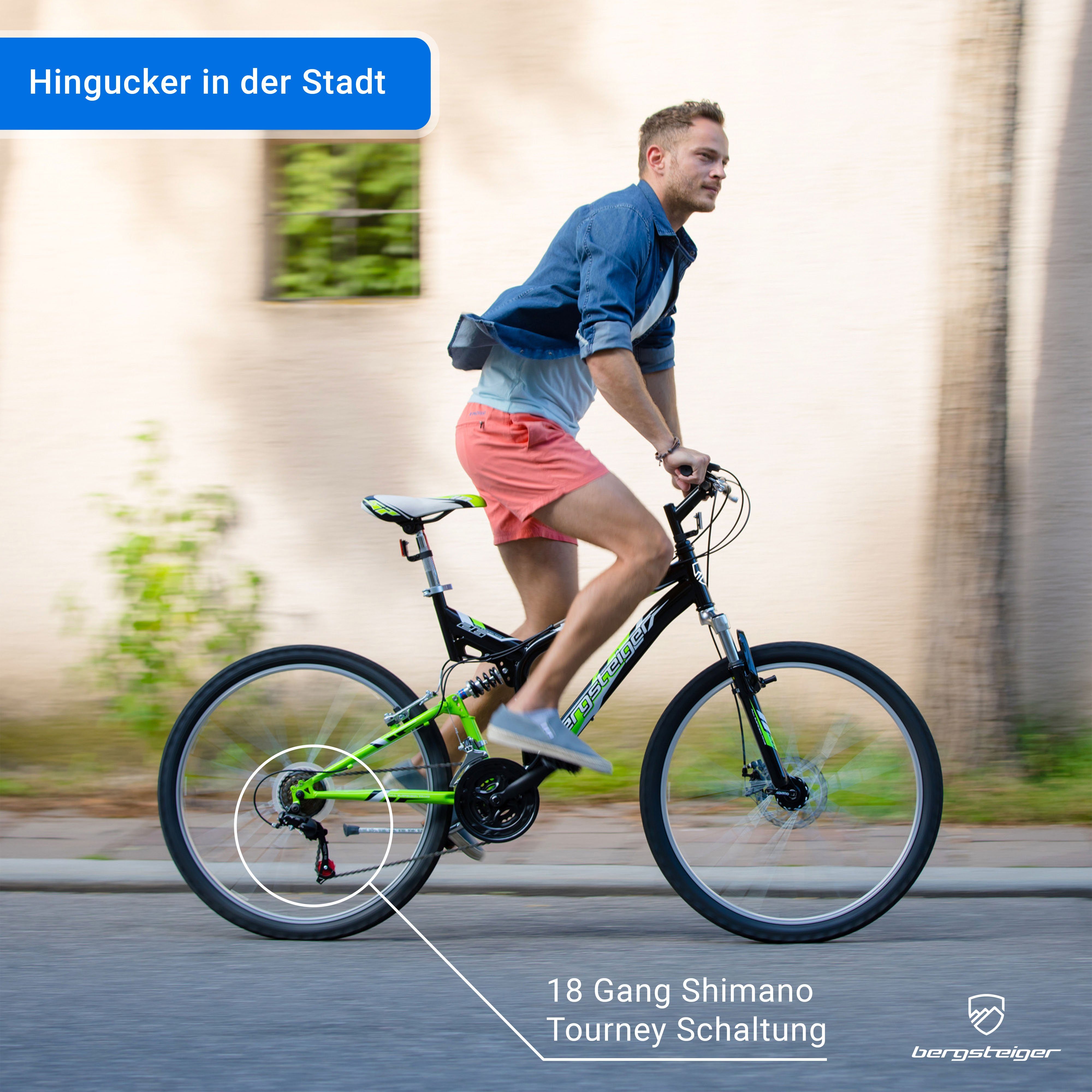 bergsteiger Mountainbike Buffalo 26 Zoll Mountainbike, geeignet ab 155 cm, Damen, Herren, 18 Gang Shimano Tourney RD-TZ50 Schaltwerk, Kettenschaltung, Scheibenbremsen, V-Brake