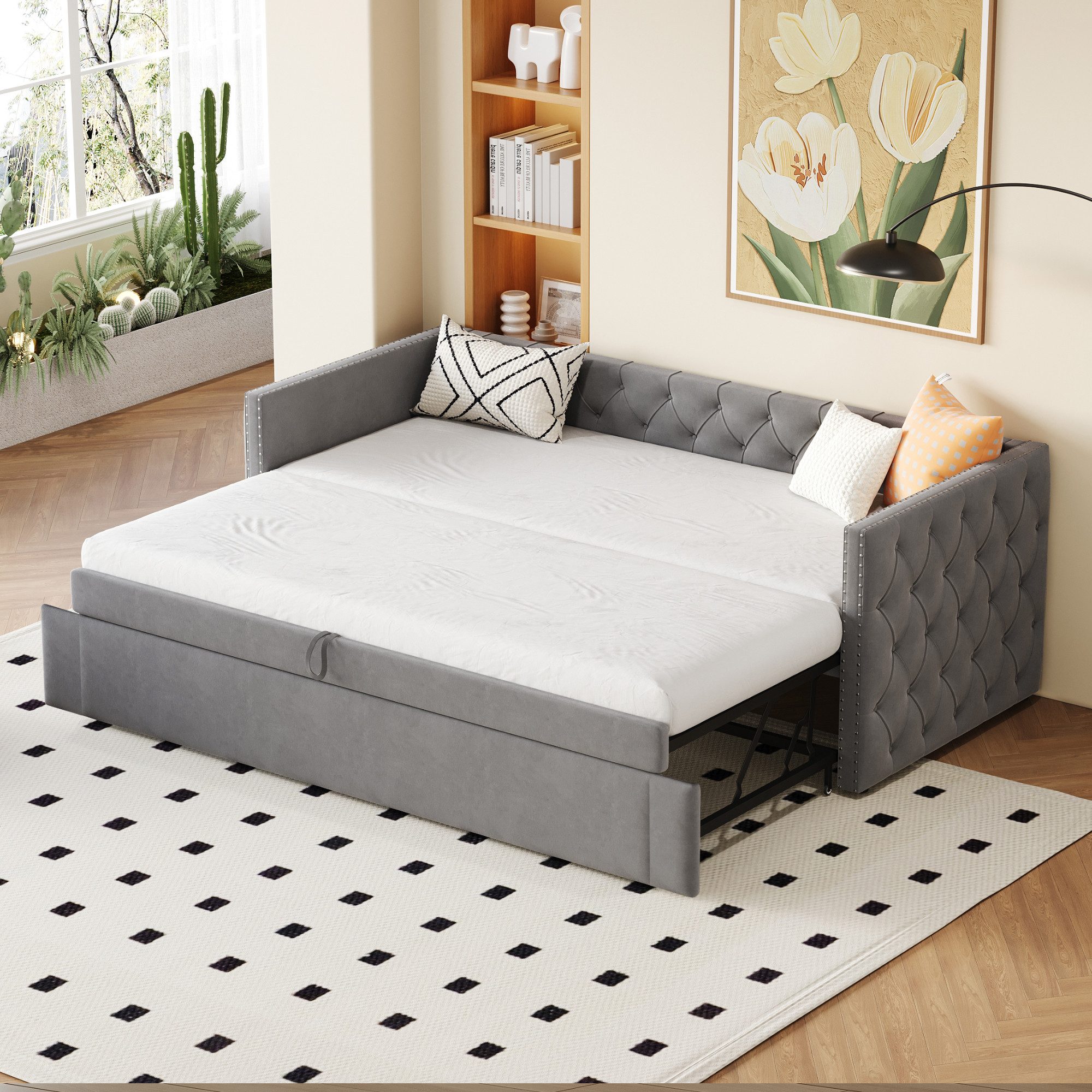 MODFU Schlafsofa Polsterbett Daybett Tagesbett Doppelbett Kinderbett, Ausziehbares Schlafsofa, Klassische Vollform mit Knöpfen, Mit Lattenrost, Multifunktionales Bett-Gästebett, Hautfreundlicher Samtstoff, ohne Matratze