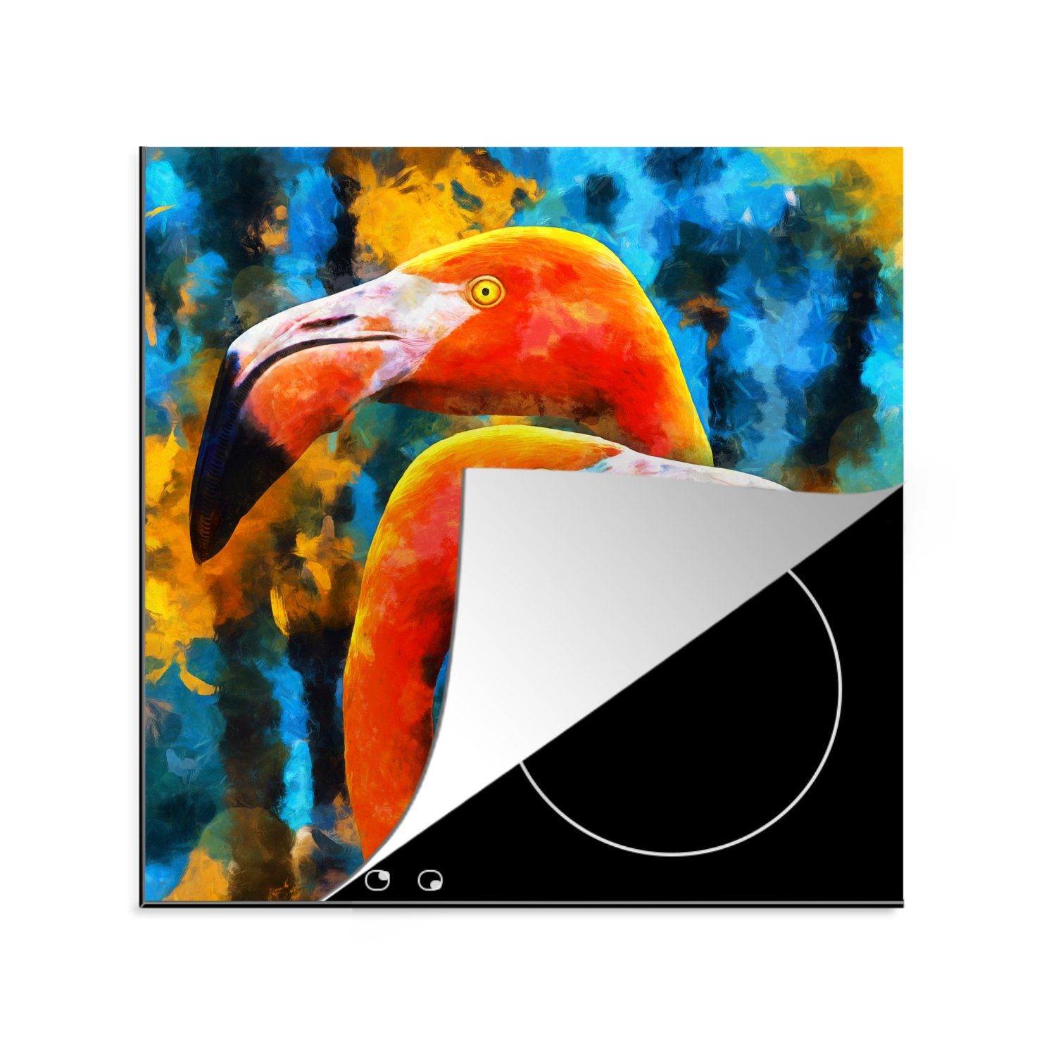 MuchoWow Herdblende-/Abdeckplatte Ölgemälde - Vogel - Flamingo, Vinyl, (1 tlg), 78x78 cm, Ceranfeldabdeckung, Arbeitsplatte für küche