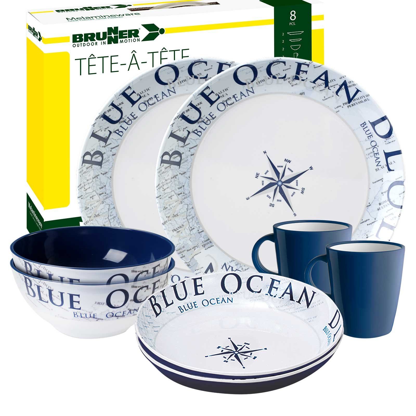 BRUNNER Geschirr-Set BRUNNER Melamin Campinggeschirr Set BLUE OCEAN (8, 12, 16, 36-Teile) (8-tlg)