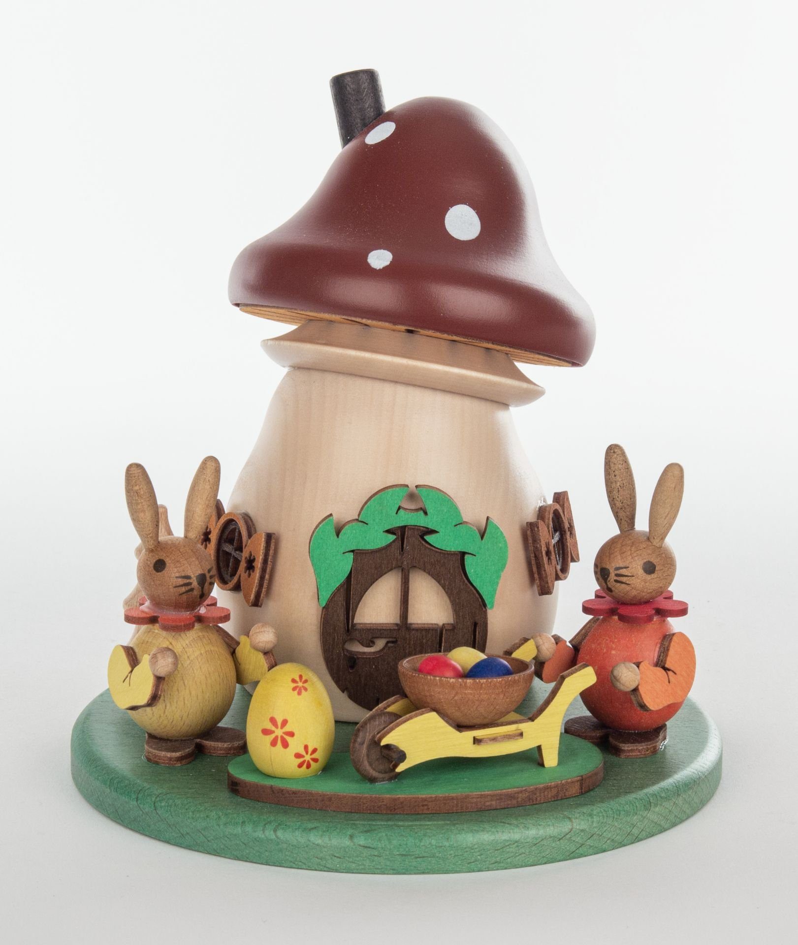 Zeidler Holzkunst Räuchermännchen Zeidler Rauchpilz Hasenpärchen mit Schubkarre, (1 St), Handarbeit aus dem Erzgebirge