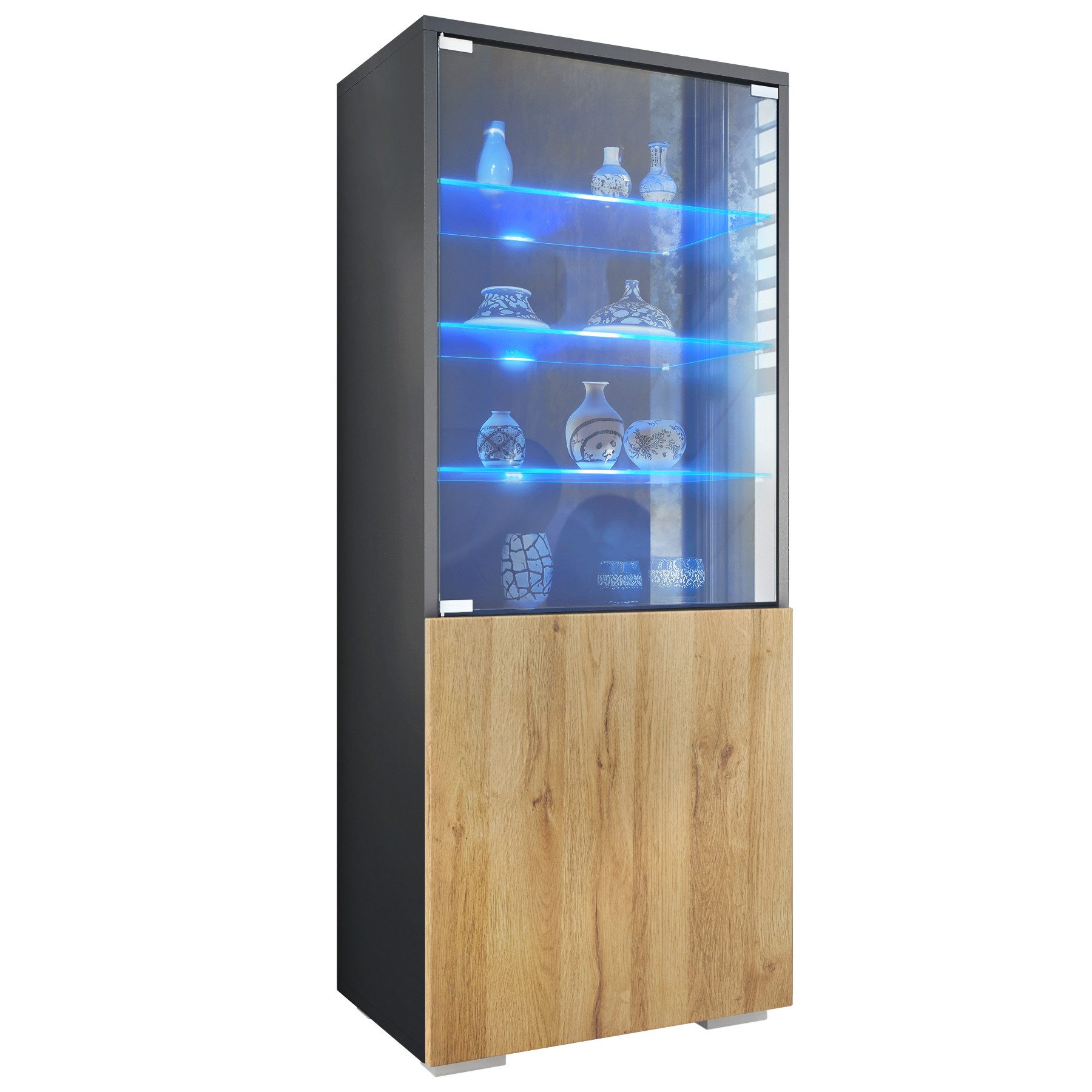 Vladon Standvitrine Granada (Vitrinenschrank, mit Glastür und Glaseinsatz inkl. LED) Anthrazit matt/Eiche Natur (50 x 122,5 x 34,5 cm)
