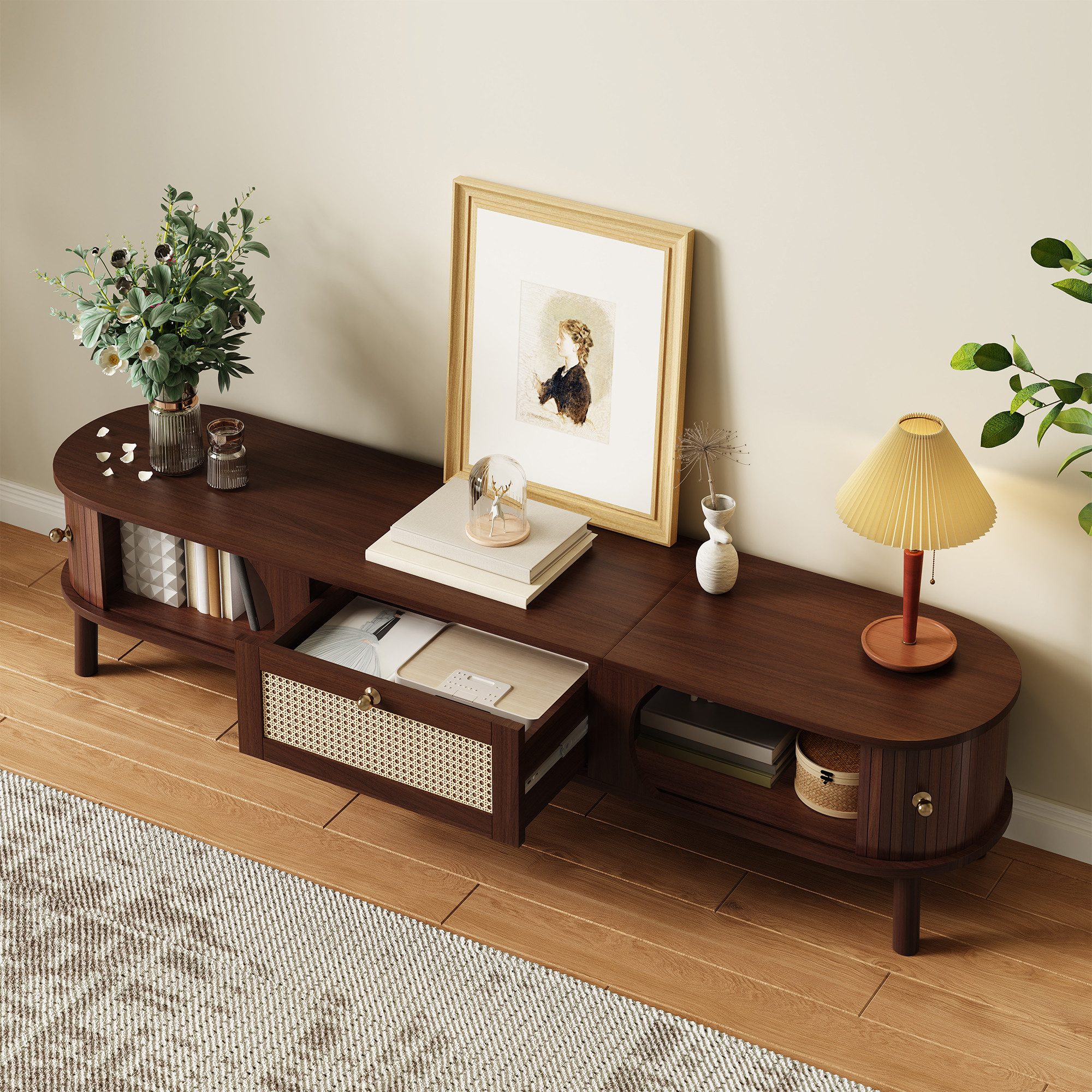 Merax Lowboard mit Schiebetüren und Rattan-Schubladen (1 St., 170 x 39,5 x38cm), Fernsehschrank Landhaus TV-Ständer mit Naturholzlamellen & Stauraum – Bild 4 von 5