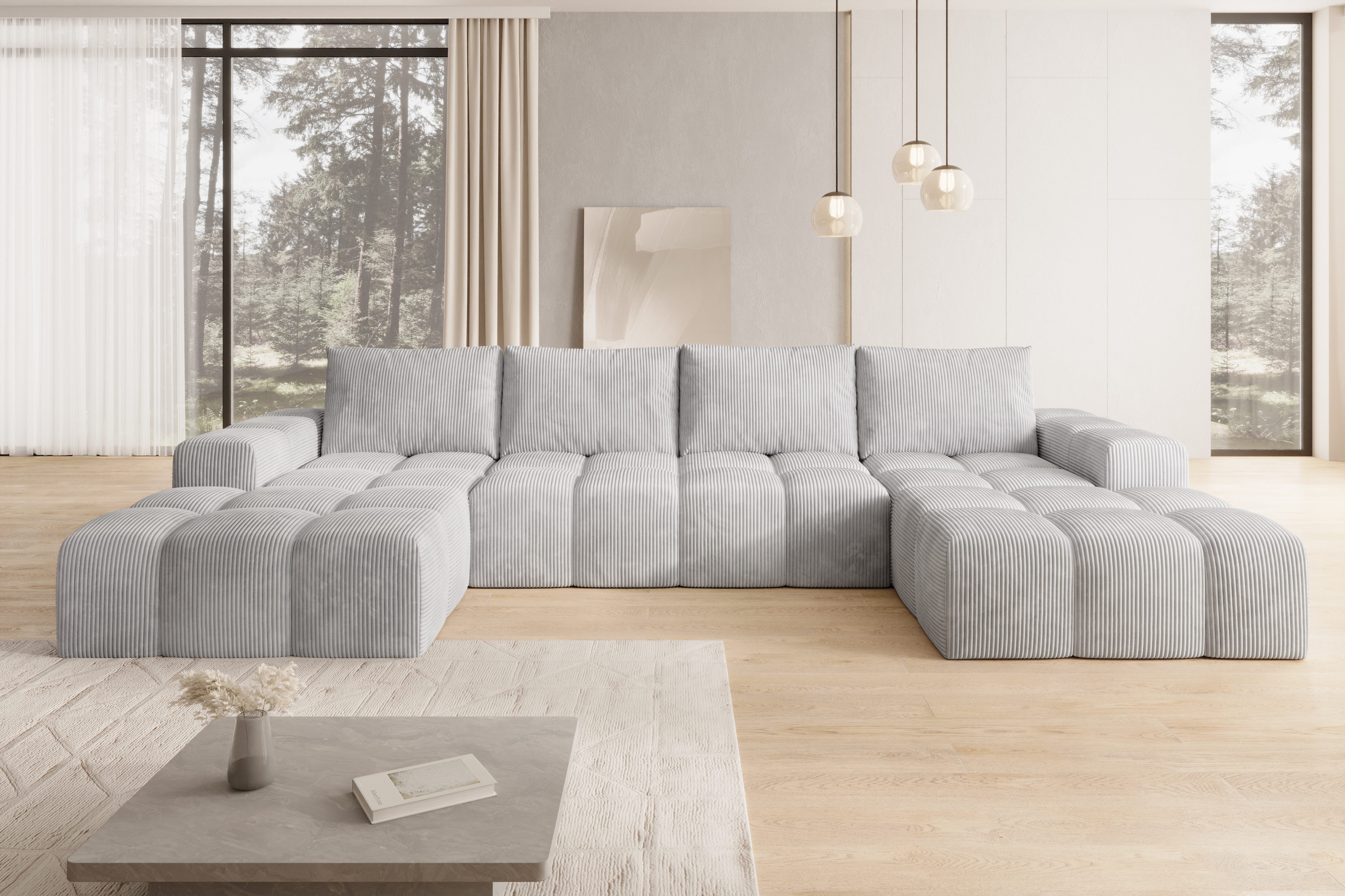 PROMETO Möbel Ecksofa U-Sofa Eterno – Große Wohnlandschaft im Cord-Stoff mit Ottomanen, Großes U-Sofa mit Cordstoff-Bezug, zwei Ottomanen