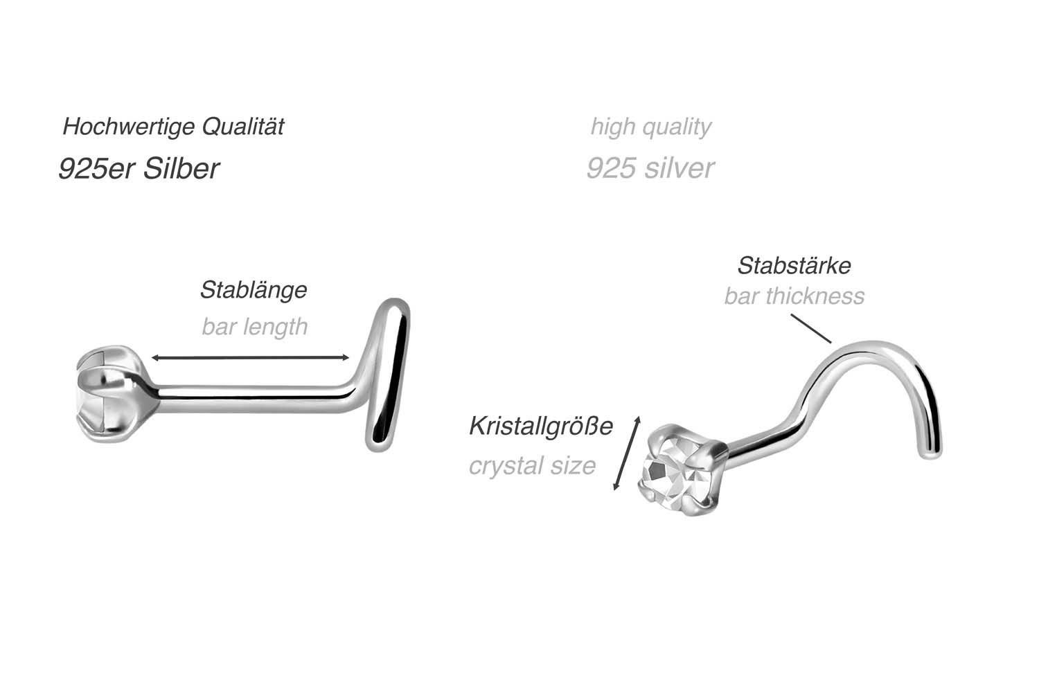 PIERCINGLINE Nasenpiercing SET 925er Silber Nasenstecker Spirale EINGEFASSTER KRISTALL (Nasenstecker, 3er SET2 = 2 mm Kristallgröße)