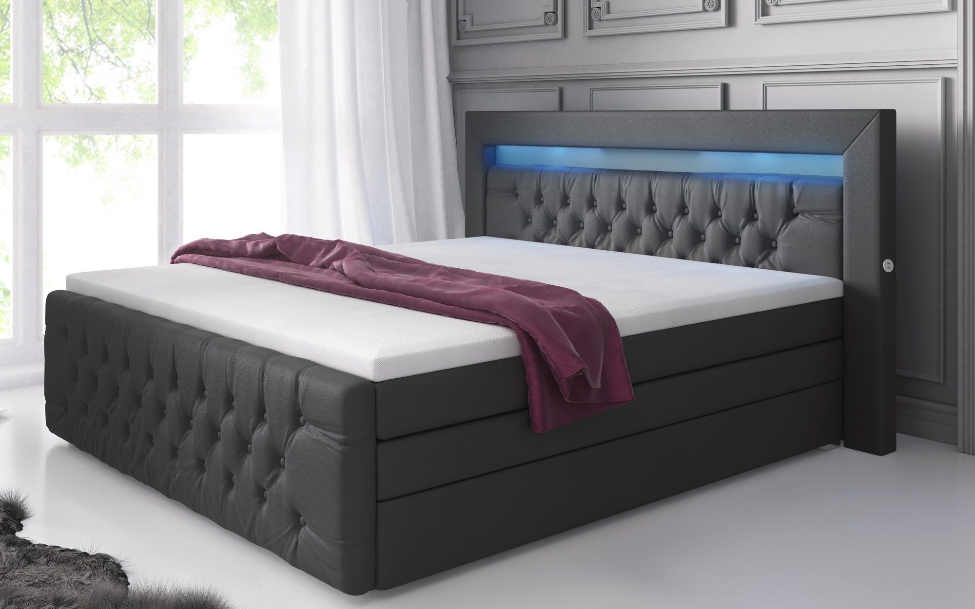 Baidani Boxspringbett Sonno, mit Stauraum, LED und USB - Anschluss, inkl. Topper und Matratze