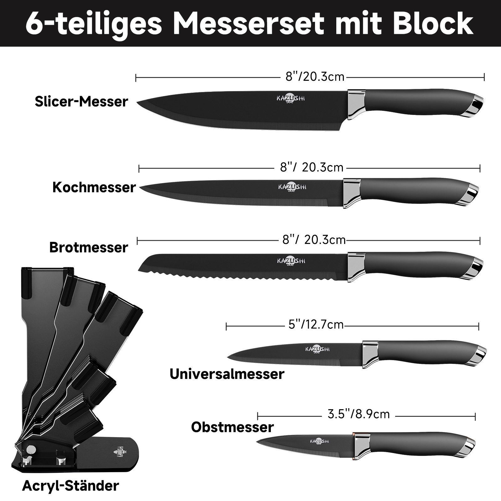 KAZUSHI Messer-Set 9/ 8/7/6teilig Messerblock Messerset Küchenmesser Set Profi Kochmesser (6-tlg), Edelstahl hochwertiges SelbstschärfenMesser Küchenmesser Set