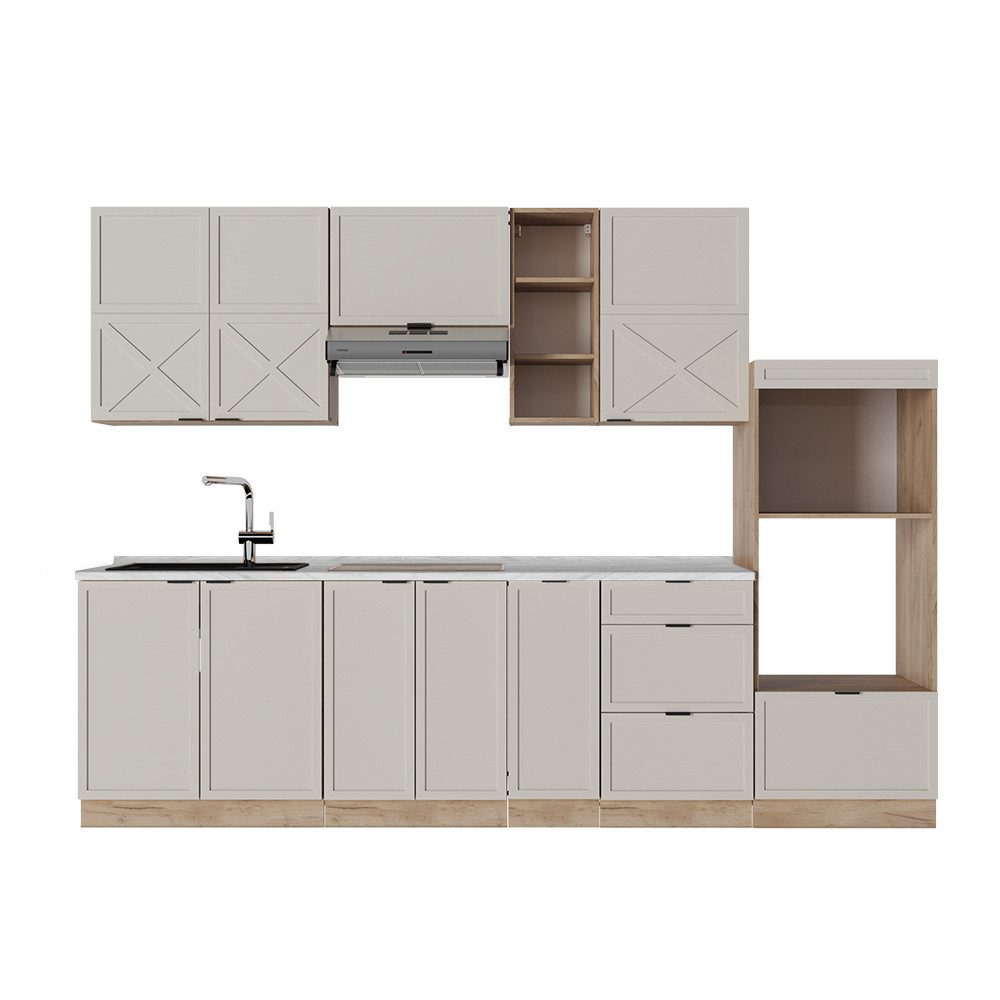 Vicco Küchenzeile Fame-Line, GrauBeige/Goldkraft Eiche/Goldkraft Eiche, 280 cm ohne A...