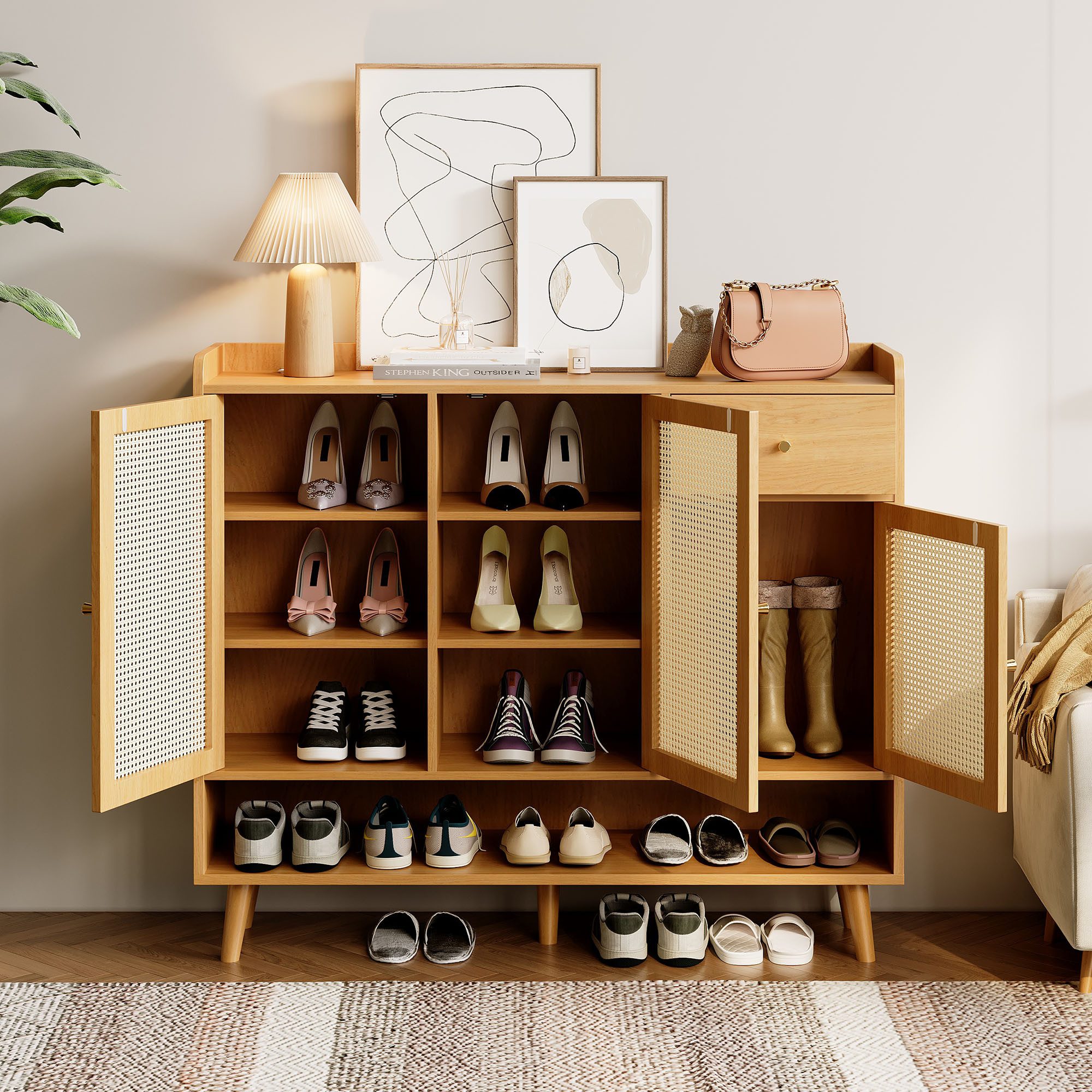 Merax Schuhschrank Rattan Schuhkommode (1-St., Schuhablage mit Holzgriffen) mit 3 Türen, 1 Schublade, Offenes Schuhregal, Massivholzbeinen, Natur – Bild 3 von 5