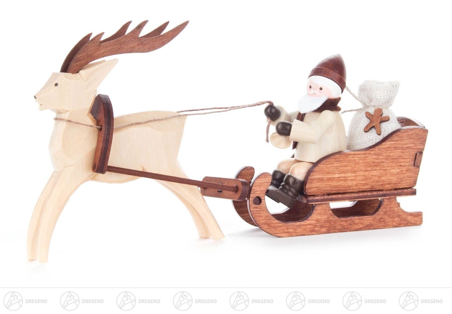 Dregeno Erzgebirge Weihnachtsfigur Weihnachtliche Miniatur Nikolaus im Rentierschlitten natur Breite x H, mit Schlitten und Geschenkesack