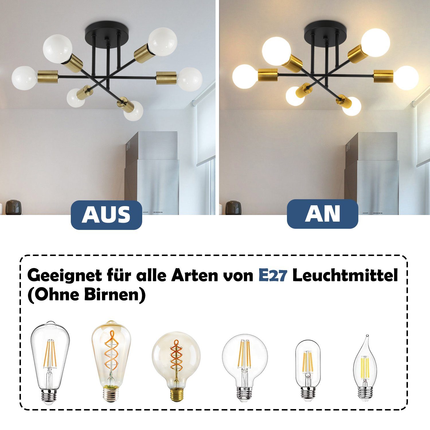 Wohnzimmer E27, Deckenleuchte 25 Glühbirnen W 6 Lampe Nettlife Retro max.