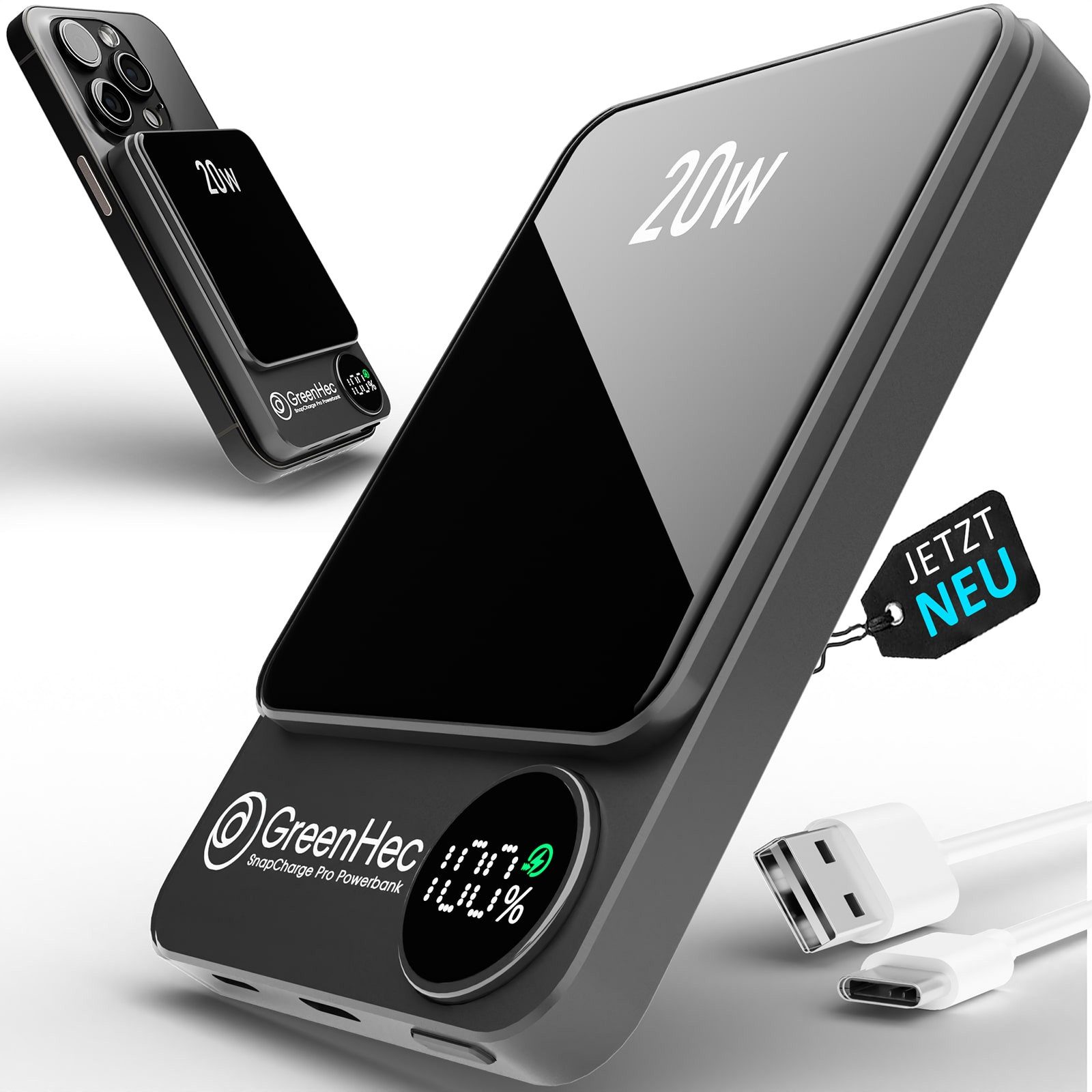 GreenHec MagSafe Powerbank iPhone 16 15 14 13 12 Magnetisch Wireless Laden 20w Powerbank SnapCharge Pro A 10000 mAh (1,5 V), 10000mAh 5000mAh Slim Induktives Laden Akku Battery Charging Portable