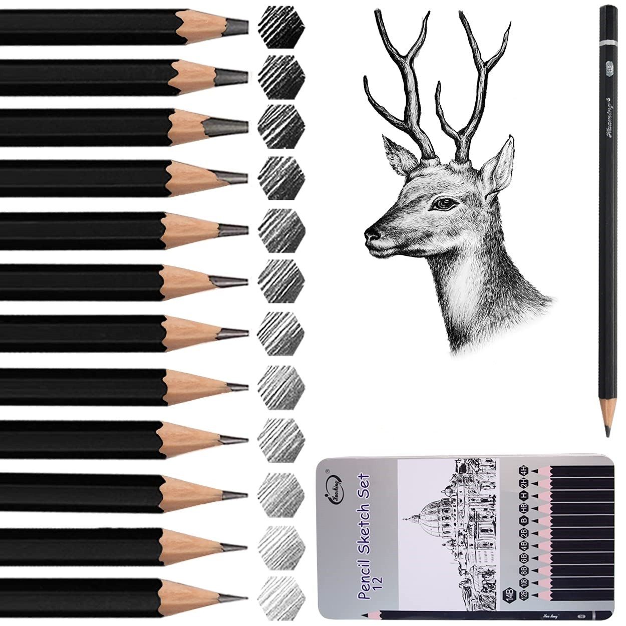 FOUORTUNATE-BEE Bleistift 12er Set Zeichenstifte, Bleistifte von 14B bis 4H zum Skizzieren, Skizzierstifte für Anfänger und Profis, Bleistiftset für Kunst