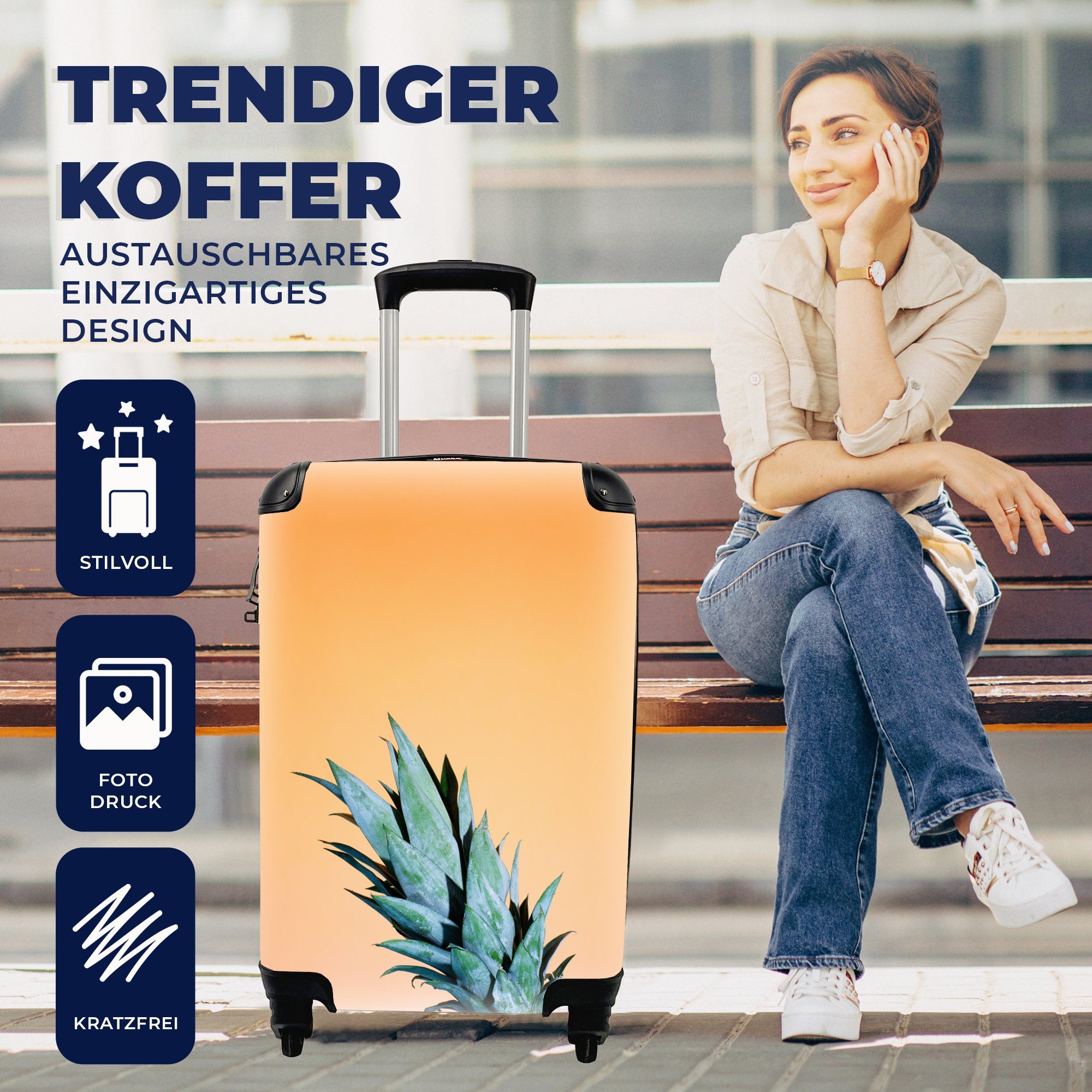Orange, MuchoWow Obst Handgepäck Reisekoffer - Ananas Handgepäckkoffer mit Reisetasche Trolley, - Rollen, Ferien, für 4 rollen,