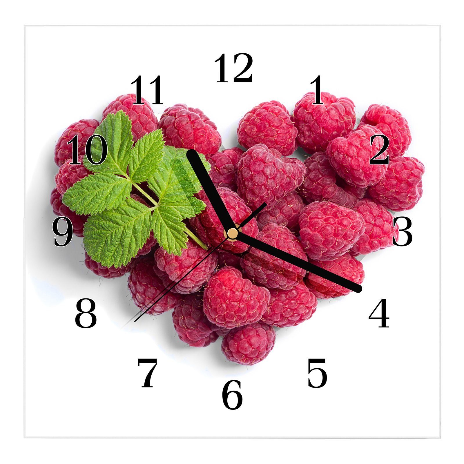 Himbeeren mit cm 30 x Motiv Wandkunst Primedeco Größe Glasuhr 30 Herz Wanduhr aus Wanduhr